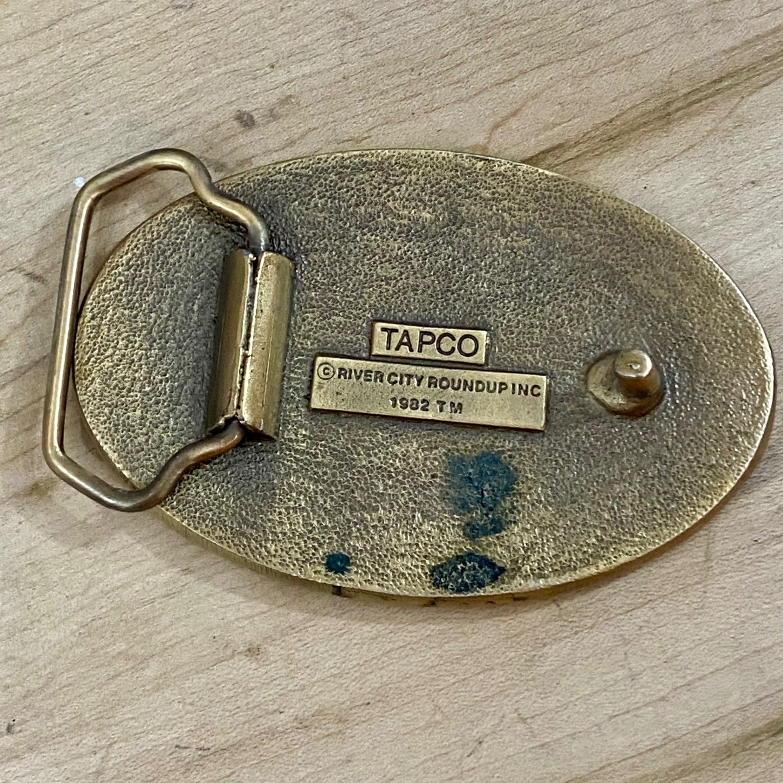 Vintage 1982 River City Roundup Belt Buckle Tapco Gold Tone Black Enamel Rodeo