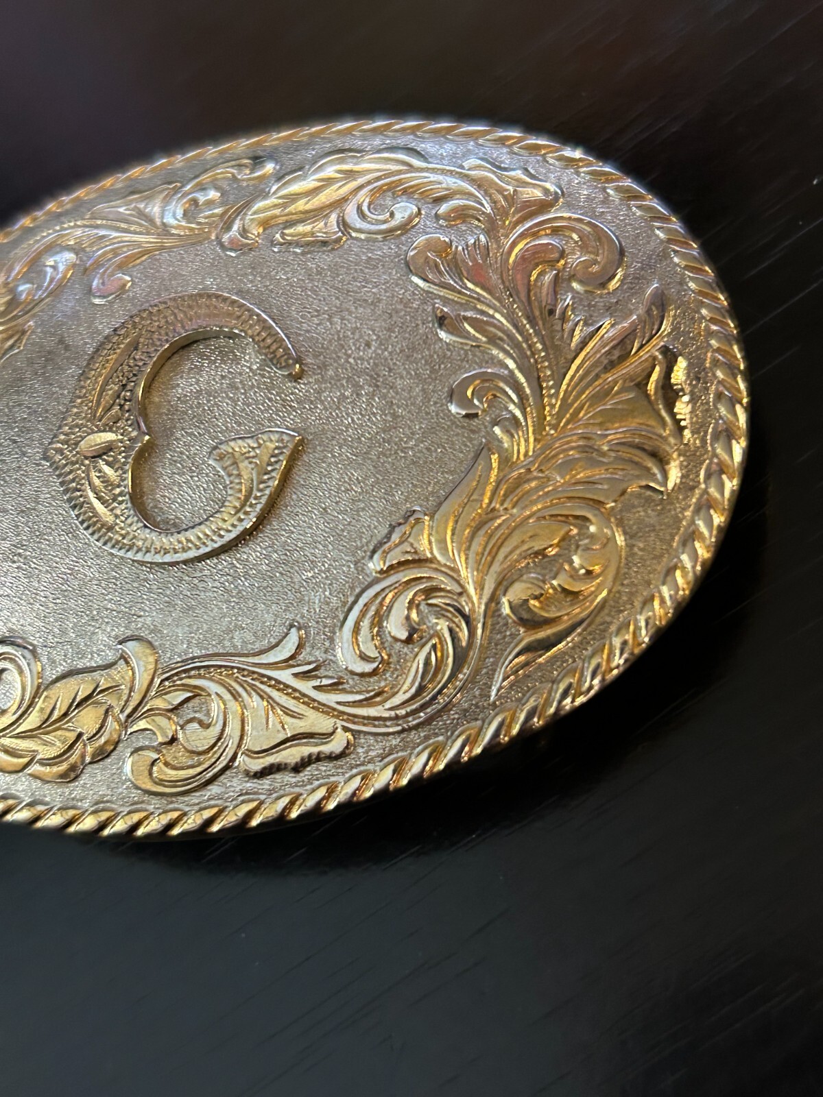 Vintage Collectible Initial Metal Two Tone Swirls Belt Buckle