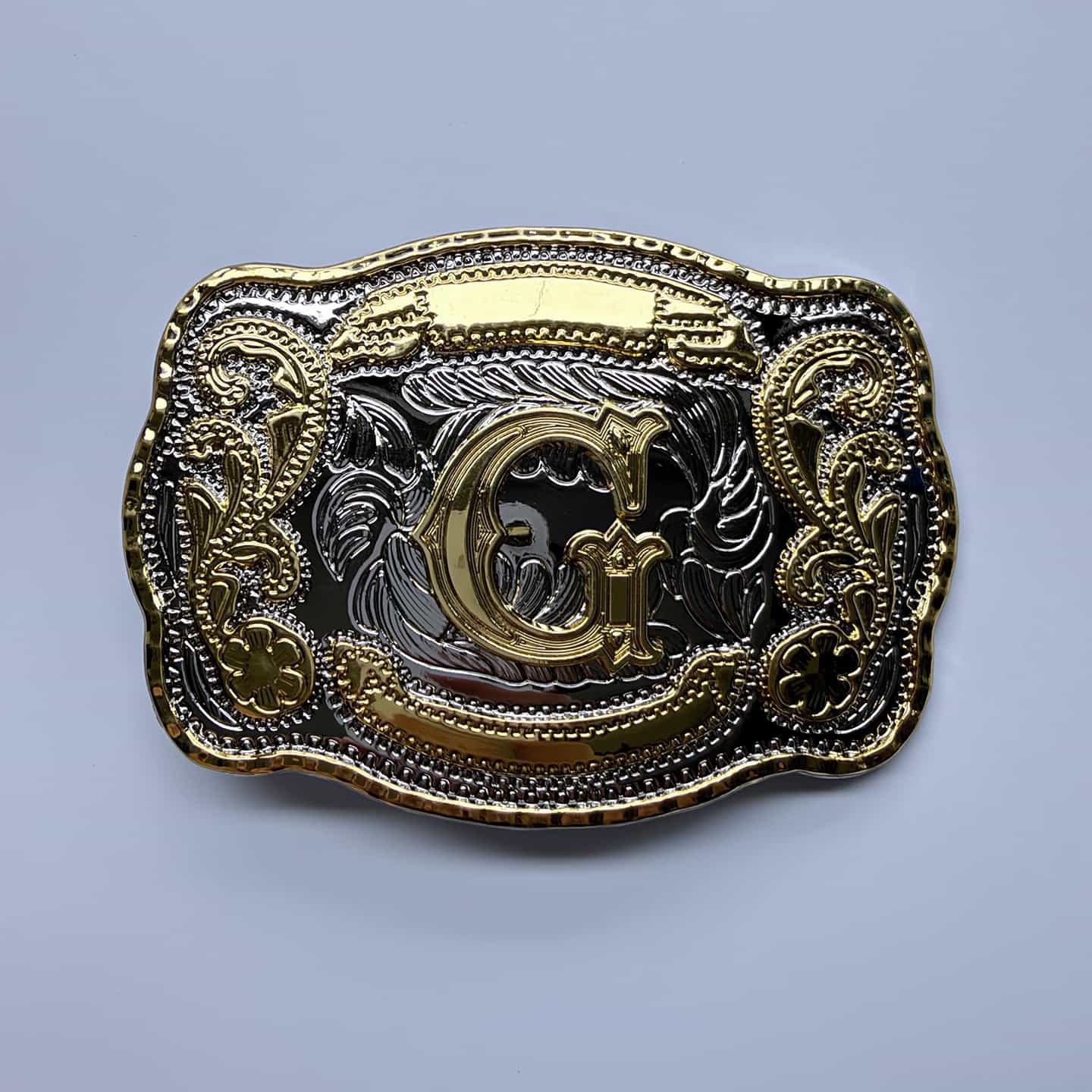 Bright Silver With Gold Initial Letter A-Z Cowboy Cowgirl Rectangle Belt Buckle