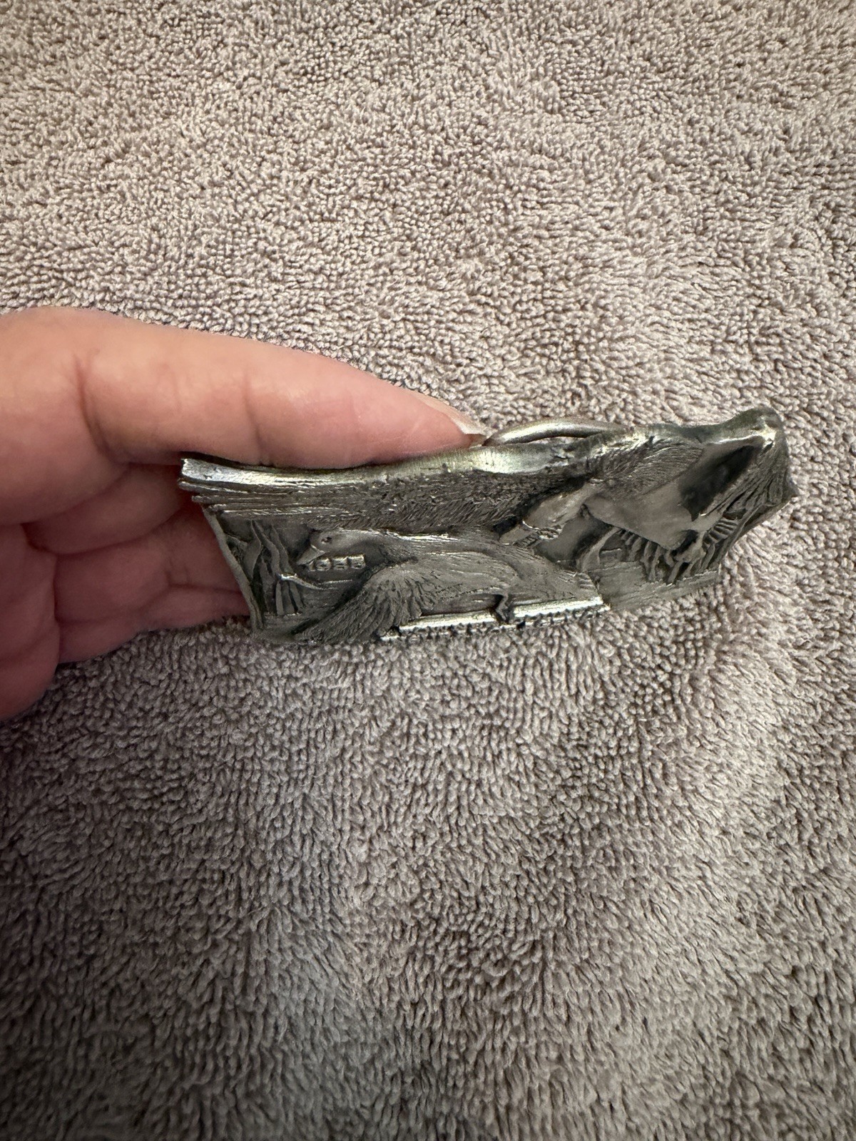 Vintage 1977 Bergamot Pewter Belt Buckle Geese Ducks Towner N Dakota Made In USA