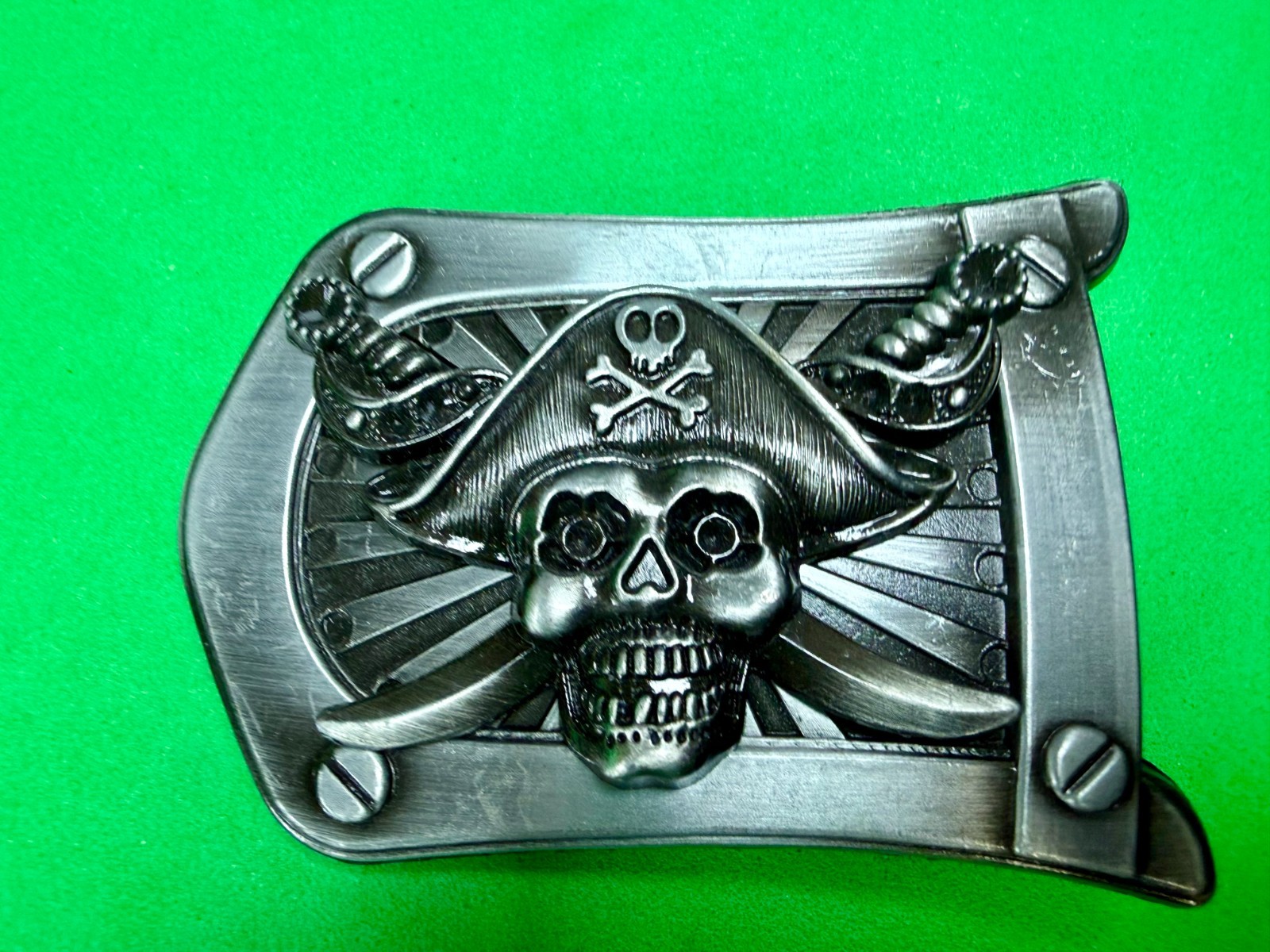 Pirate Skull Crossbones with Crossed Swords 3D Raised Silver Tone Belt Buckle