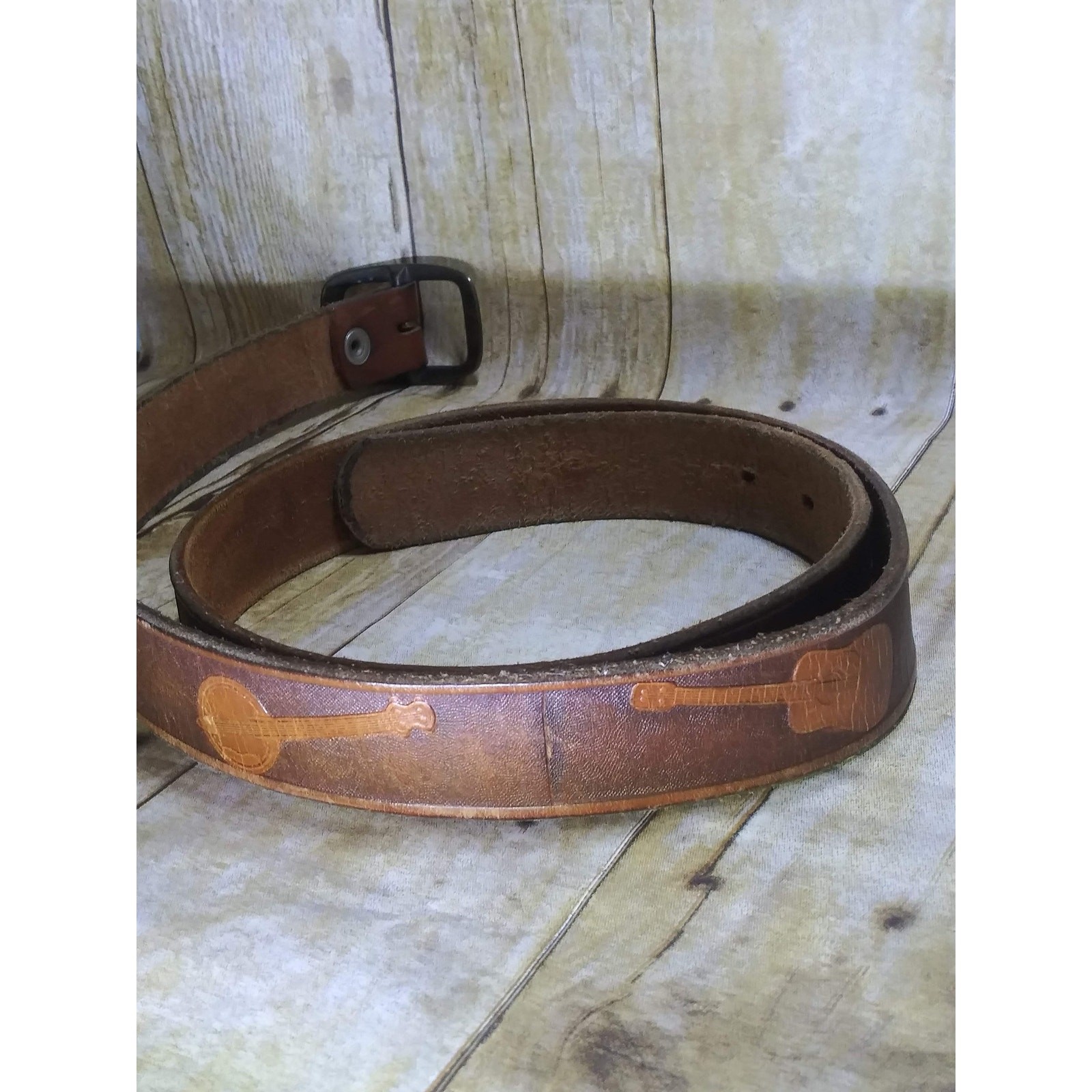 Vtg Banjo & Guitars Belt Leather Country Blue Grass Music Belt