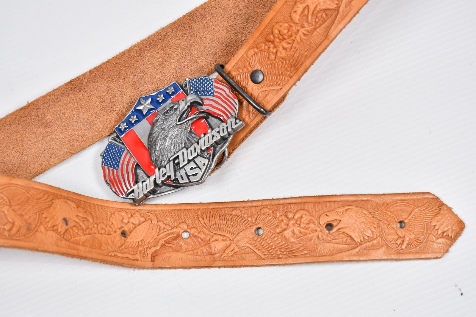 Vintage 80s Harley Davidson Belt Buckle Eagle Made in USA + Eagles Leather Belt