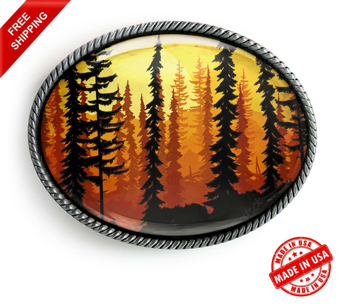 Forest Belt Buckle – Tree Landscape Minimalist Handmade Silver Buckle – 628