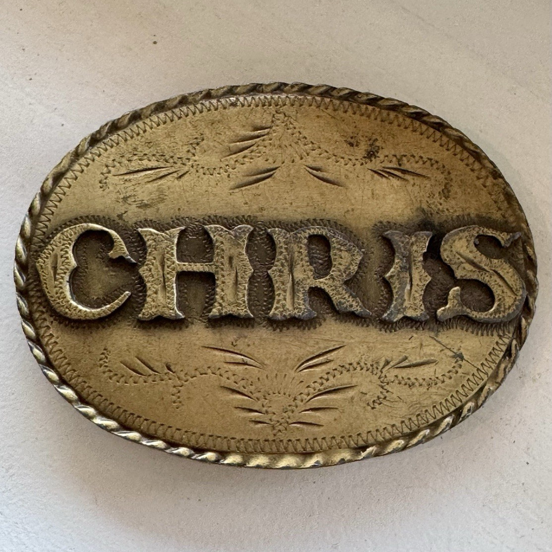 Spec-Cast Vintage CHRIS Oval Western Engraved Cowboy Belt Buckle Gold 1981