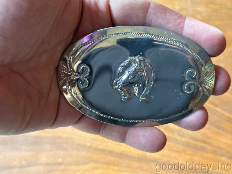 Vintage Chrome Silver Horse with Horseshoe Belt Buckle