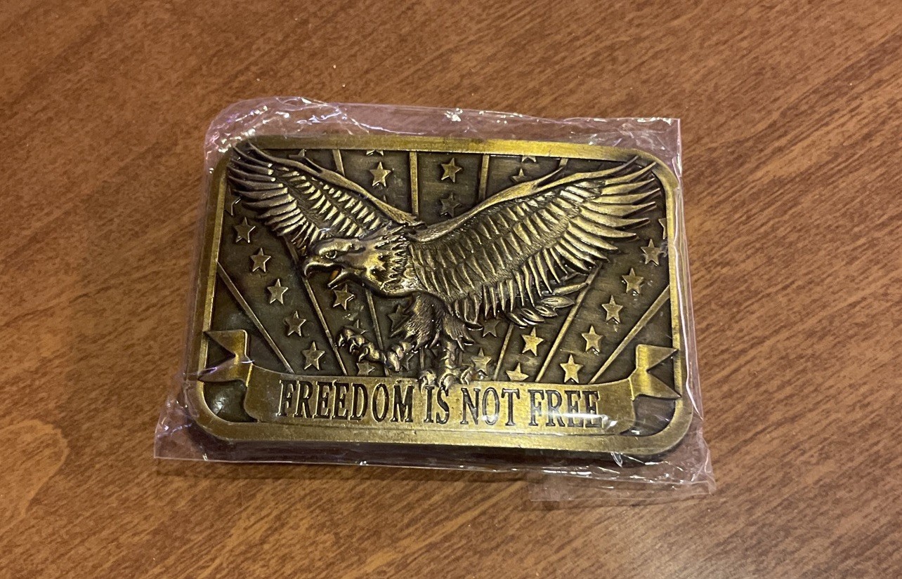 FREEDOM IS NOT FREE Eagle USA Belt Buckle 2×3 Made 2014 Sponsor Brass or Bronze