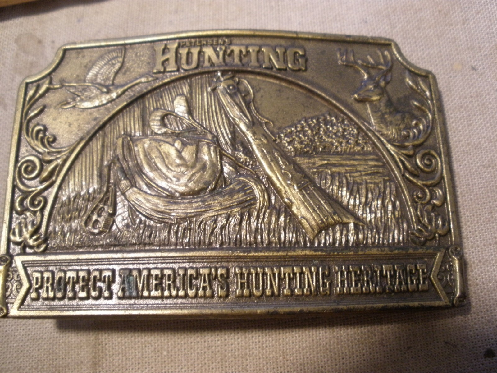 Vintage 1976 Brass Belt Buckle Hunting Protect America’s Hunting Heritage 3.5&Prime; x