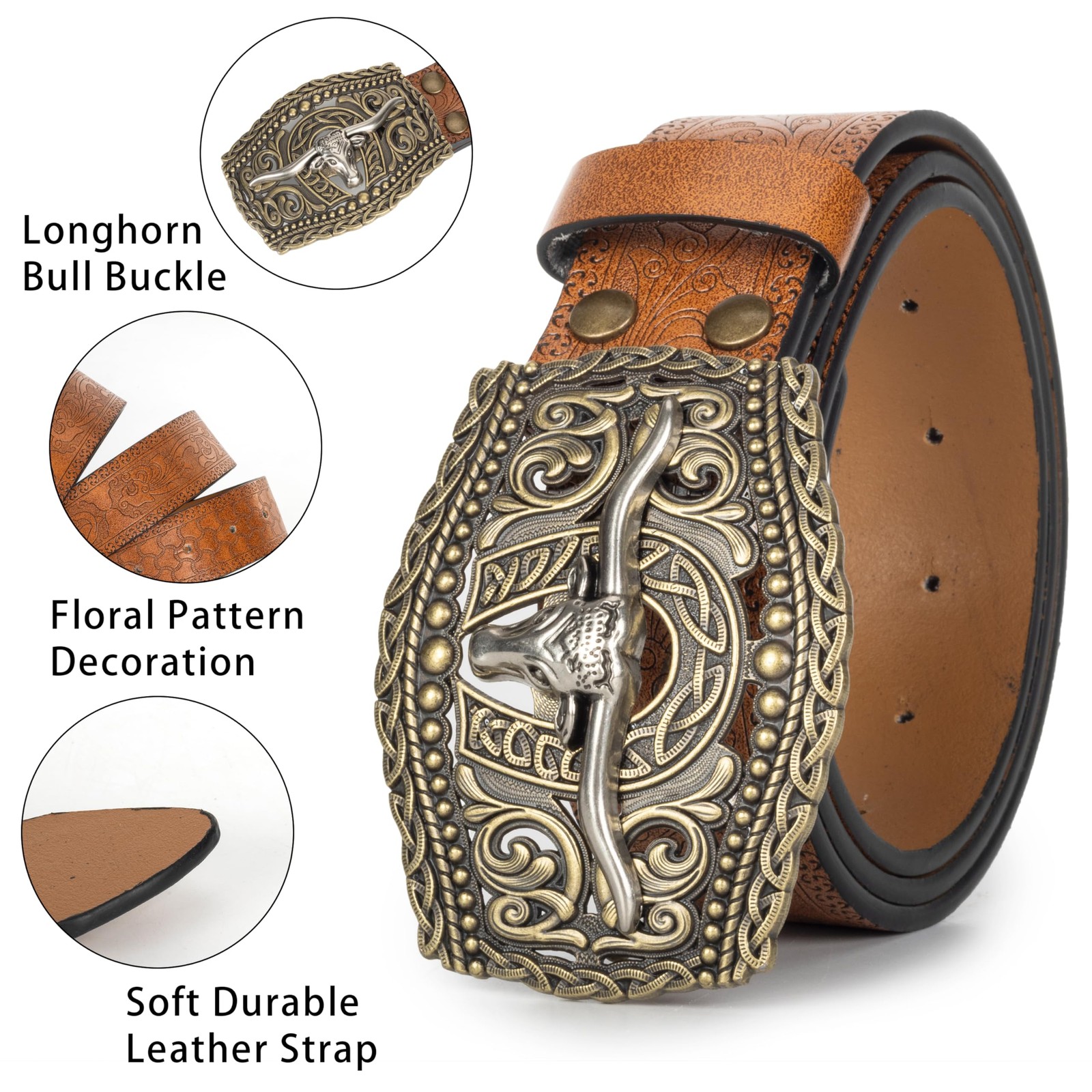 OVOY Men Women Vintage Cow-Head-Buckle For Waist 36-40 in, Brown