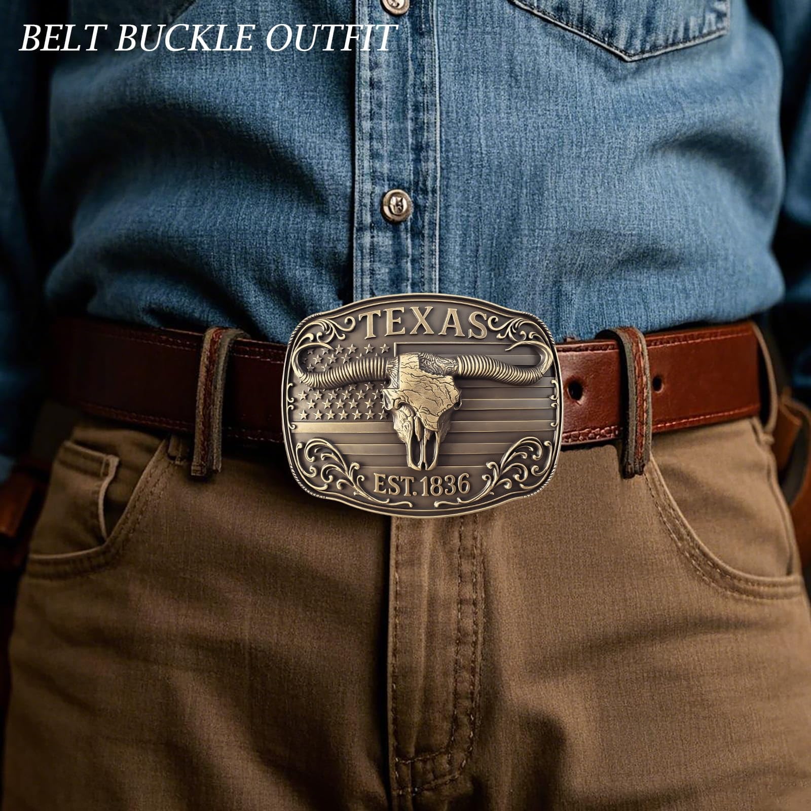 GRAERRY Cowboy Belt Buckle for Men Women Medium, 004 Bronze Texas 1836
