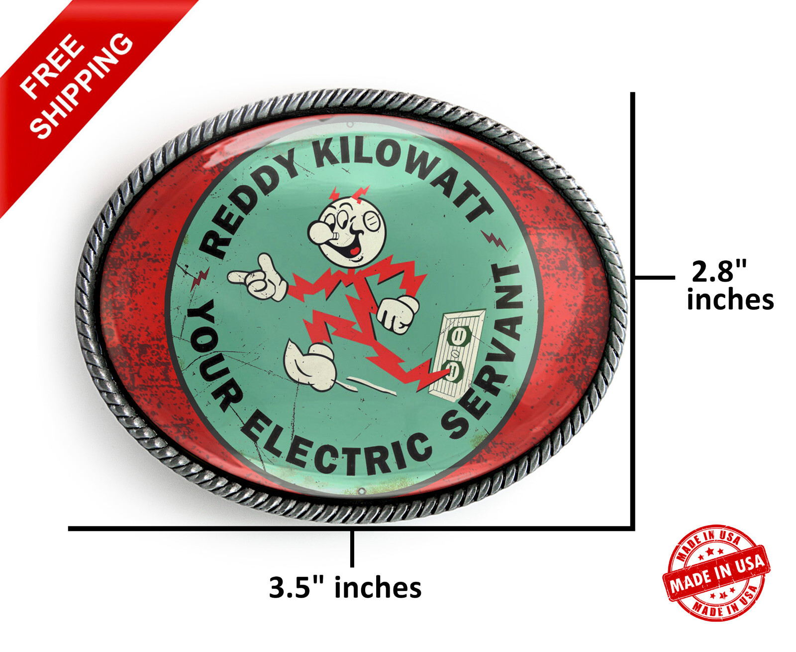 Reddy Kilowatt Belt Buckle – Retro Electric Co Art Handmade Oval Buckle – 381