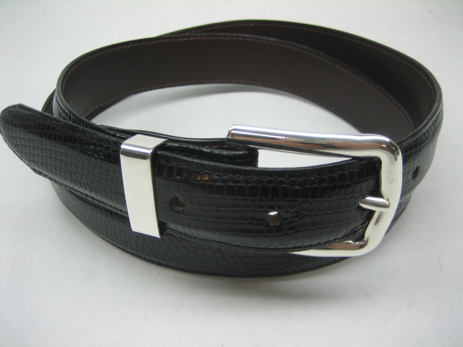 STERLING SILVER 925 SOLID BUCKLE & LOOP, & GENUINE LIZARD BELT 28 MM WIDE U.S.A