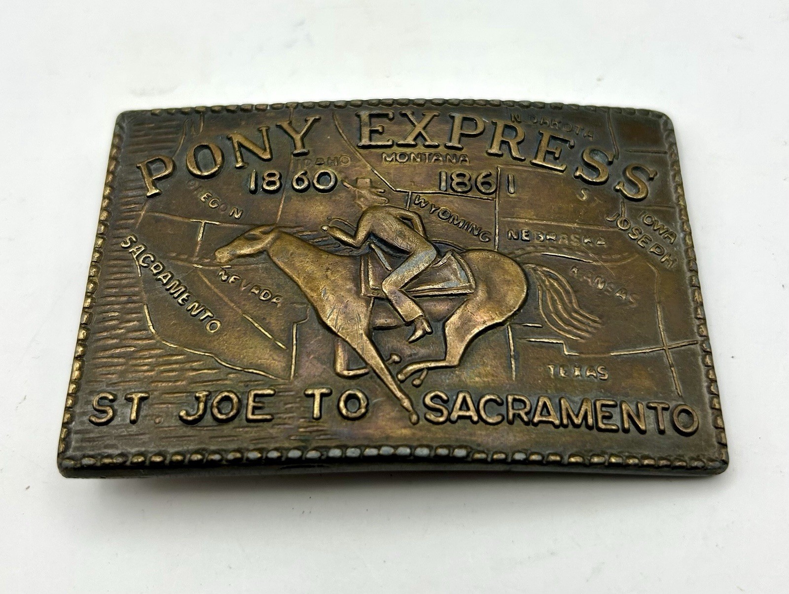 Vintage Brass Pony Express St. Joe To Sacramento Belt Buckle 3 1/2&Prime; Bronze Tone