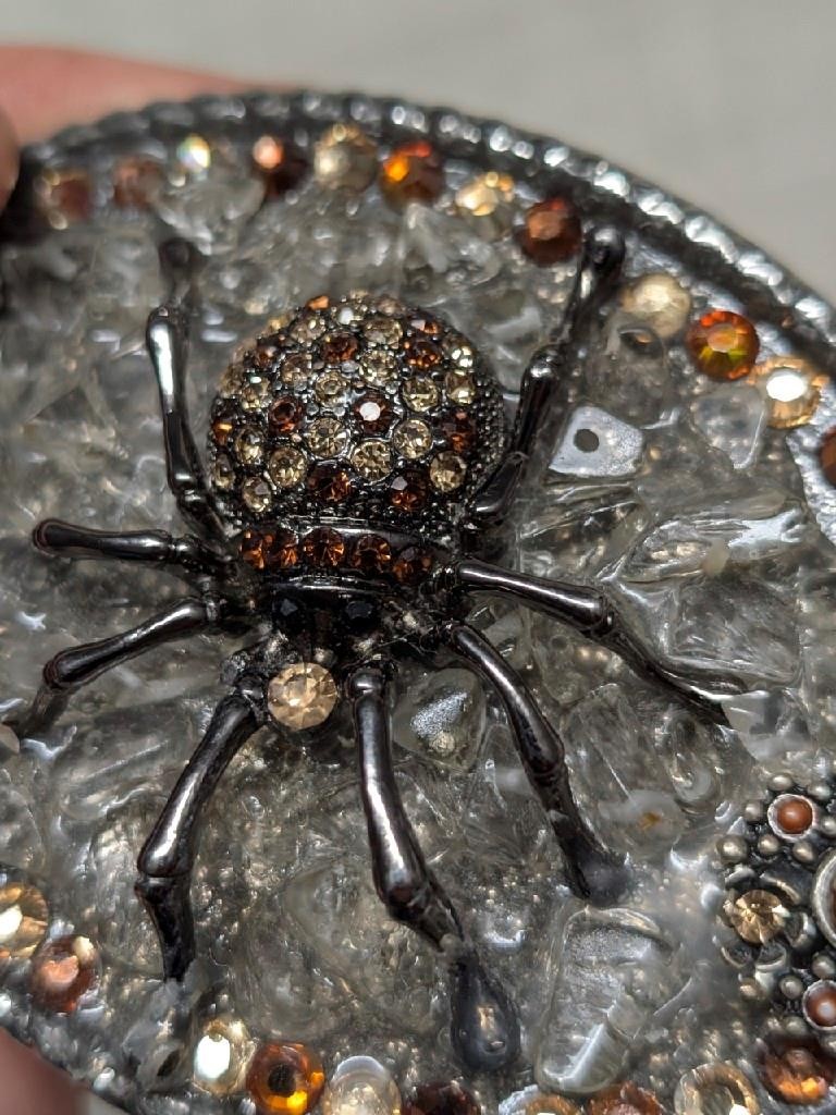 vintage BLACK WIDOW belt buckle RHINESTONE spider STUDDED western GLAM statement