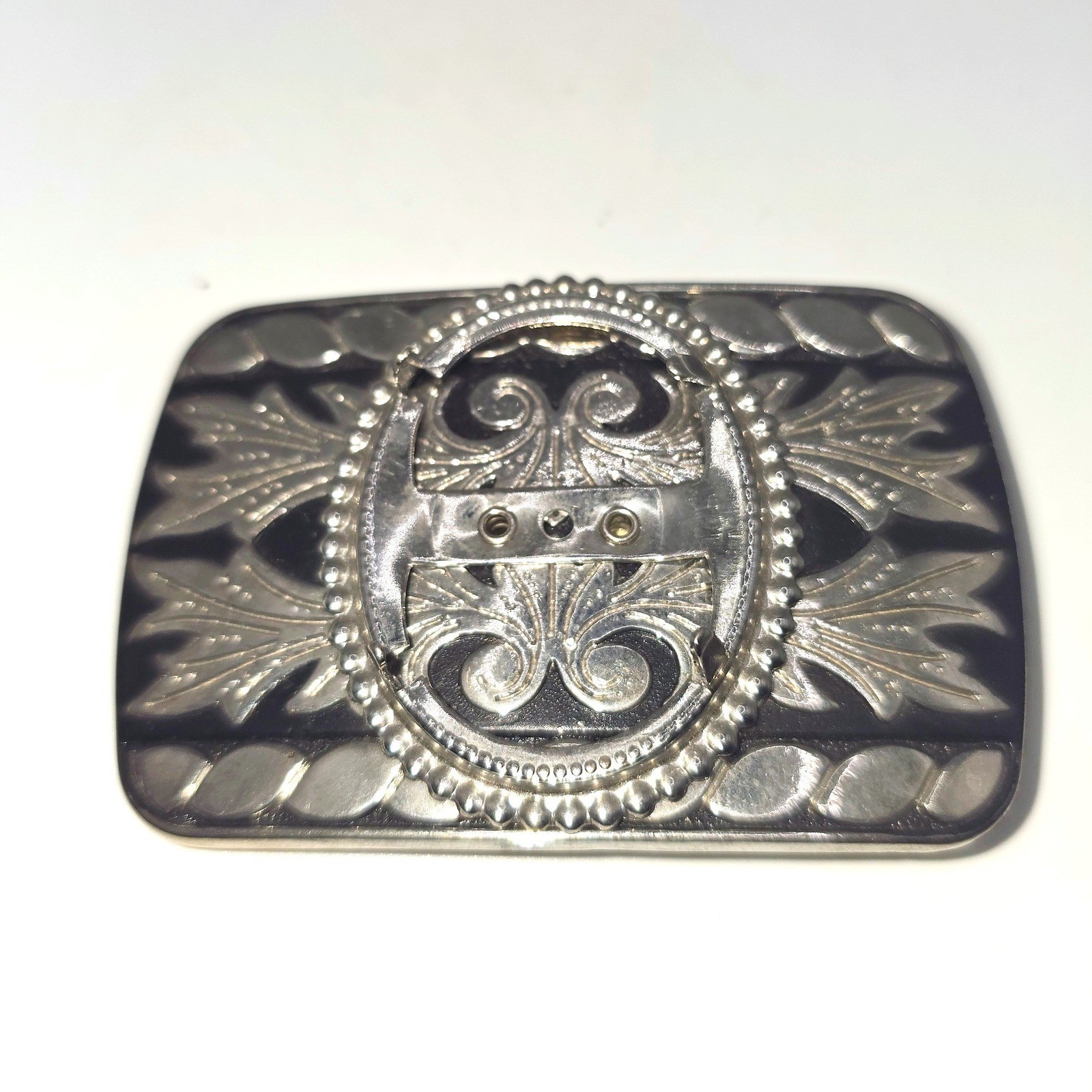 Vintage Silver Tone Western Belt Buckle Blank Black Filigree Scrollwork 30x40mm