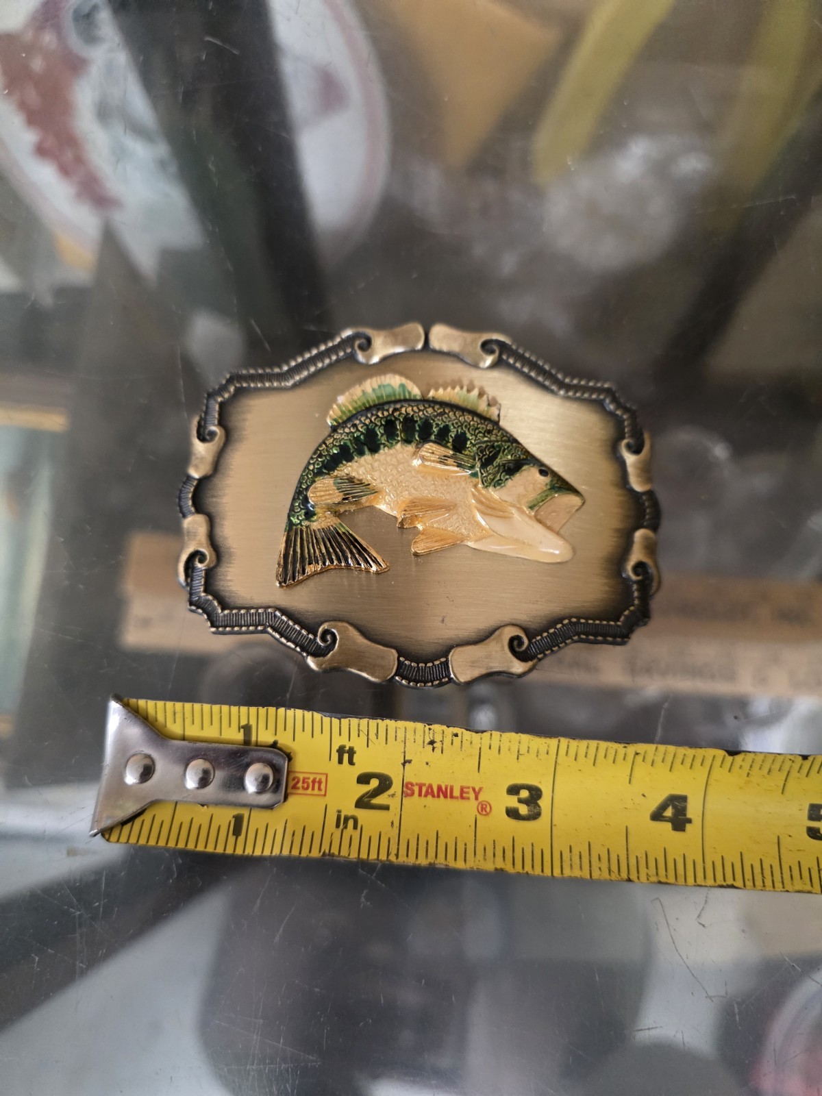 FISHING LARGE MOUTH BASS BRASS BELT BUCKLE ENAMELED RAINTREE BRAND 1979