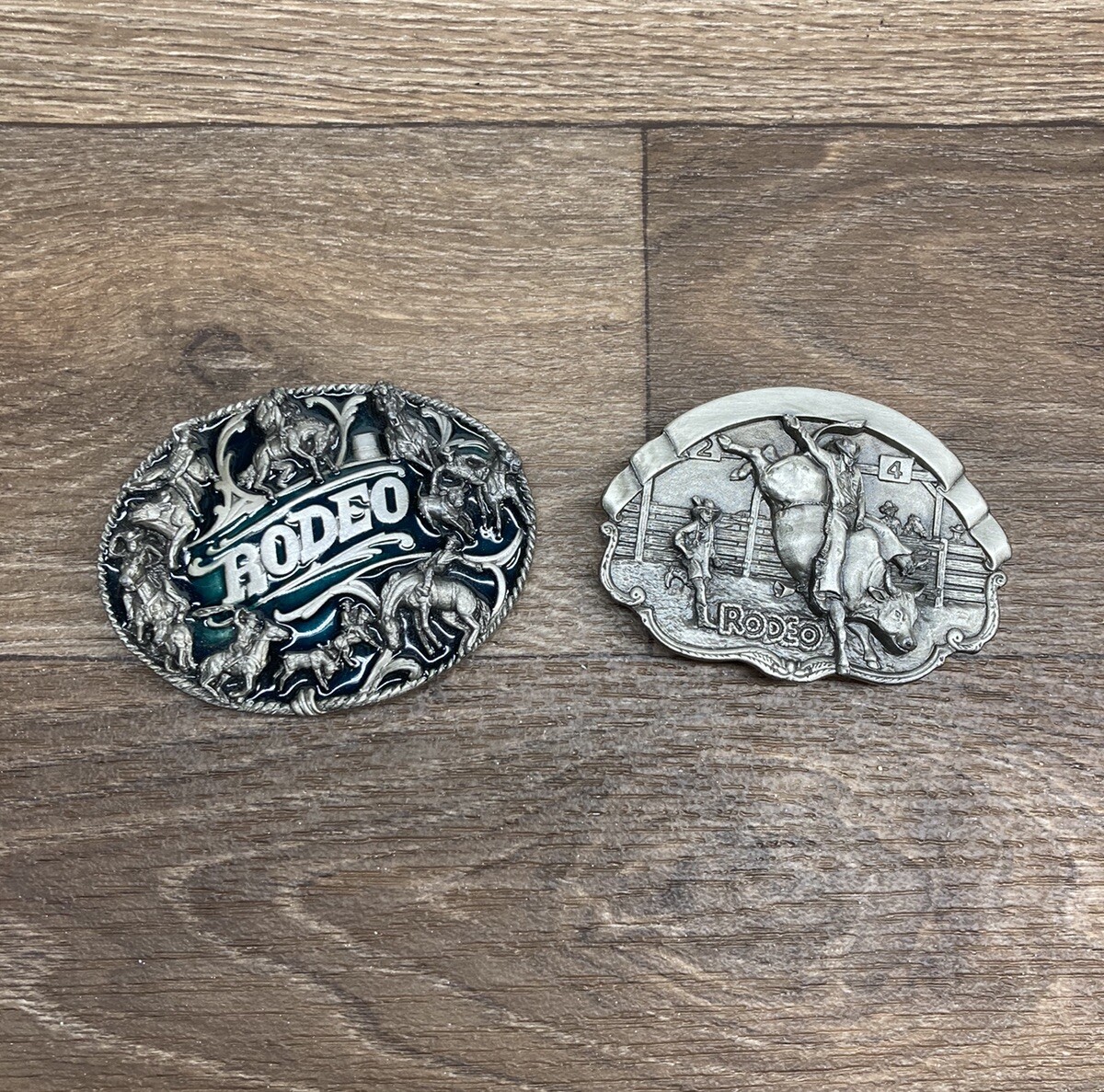 2 Vintage Western Wear Rodeo Buckles Metal & Green Enamel Buckle Bergamot Brass