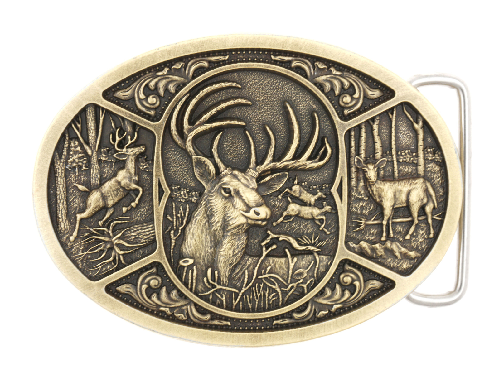 Western Buck Deer Hunter Hunting Bronze Plated Metal Belt Buckle