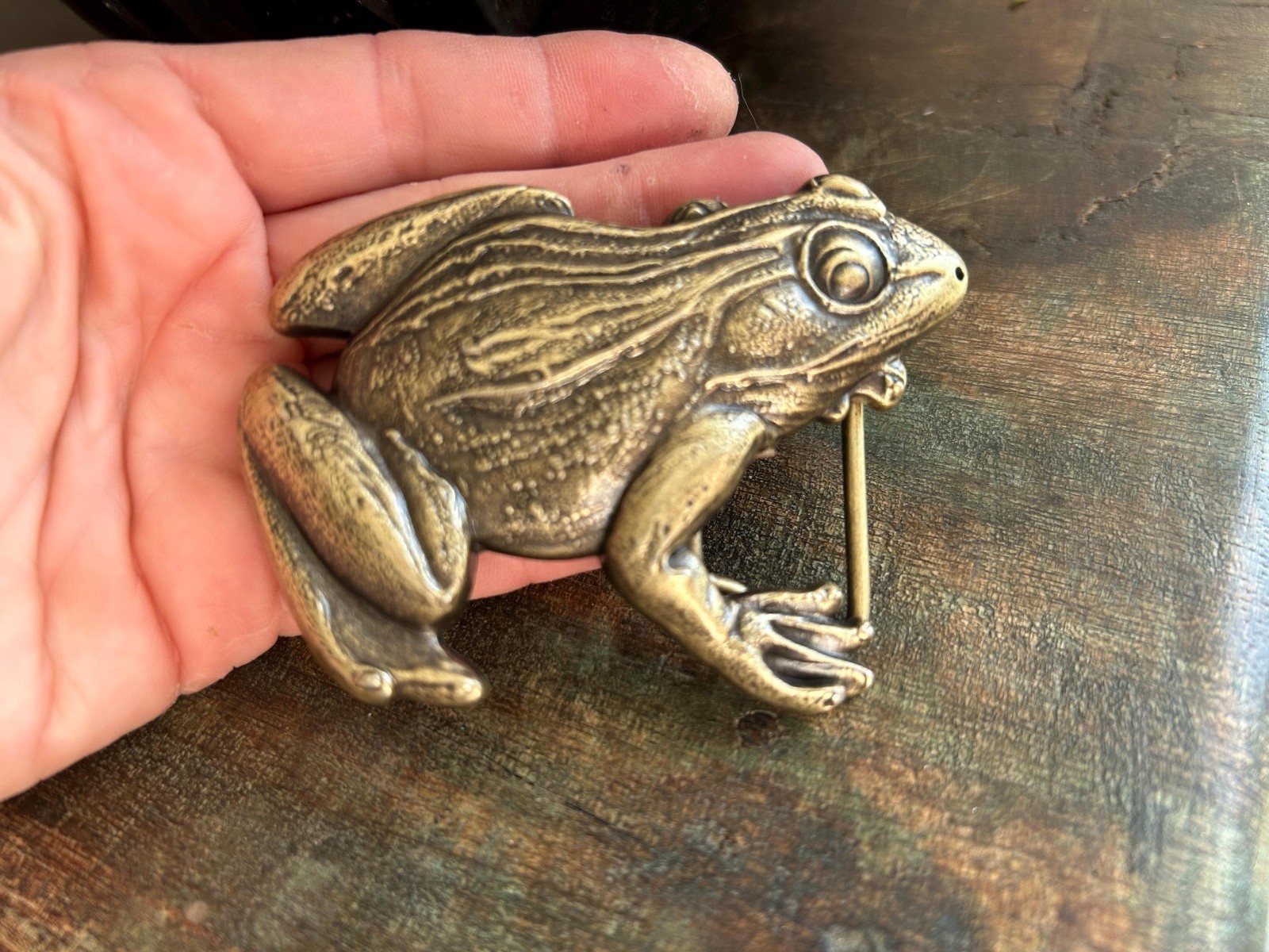 Brass Frog Belt Buckle Large Bullfrog Lily Pad Western Cowboy Design