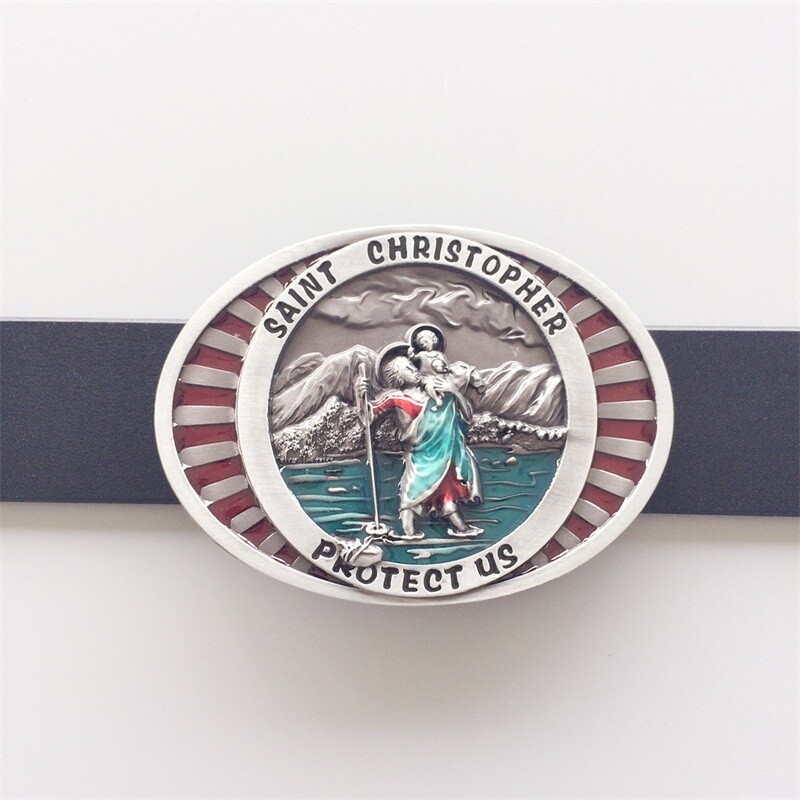 Vintage Style Enamel Saint Christopher Protect Us Belt Buckle Also Stock in US