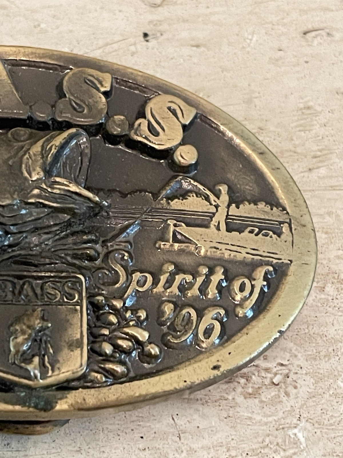 Vintage Spirit of ‘96 B.A.S.S Brass Color Belt Buckle Oval Bass Fishing USA