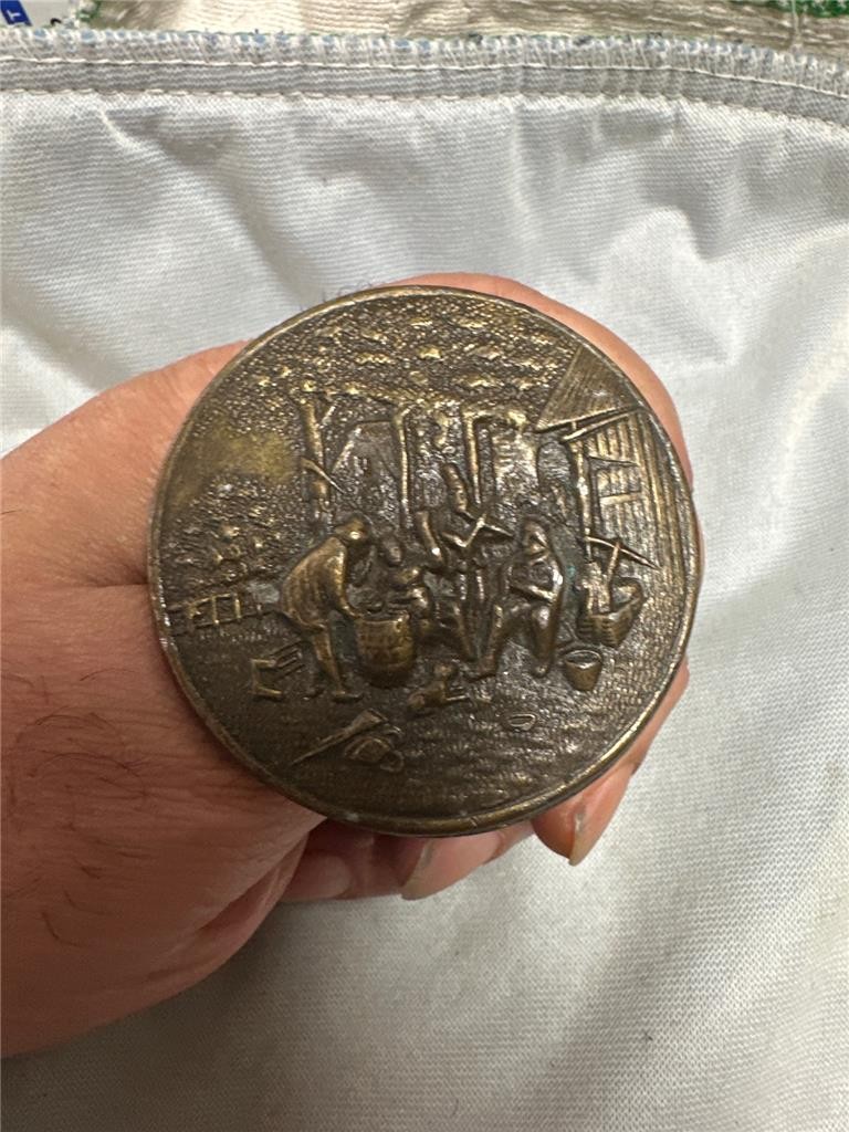 Vintage Village Scene Brass Belt Buckle