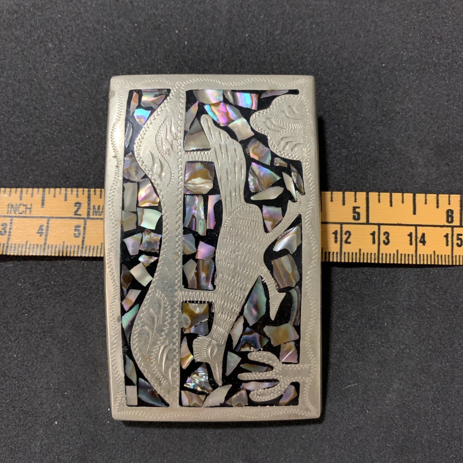 Western Belt Buckle with Roadrunner Bird Abalone Shell Southwest Cactus Inlaid