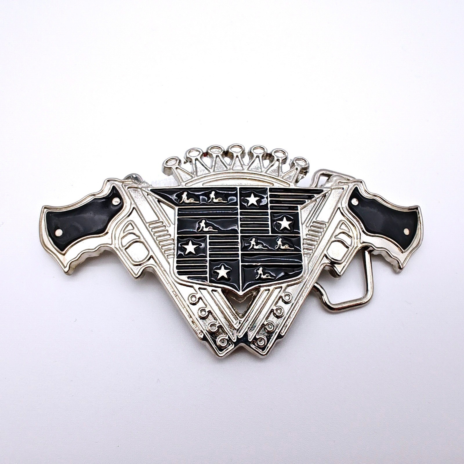 Western Outlaw Style Belt Buckle Crossed Revolvers Silver Tone Black Enamel