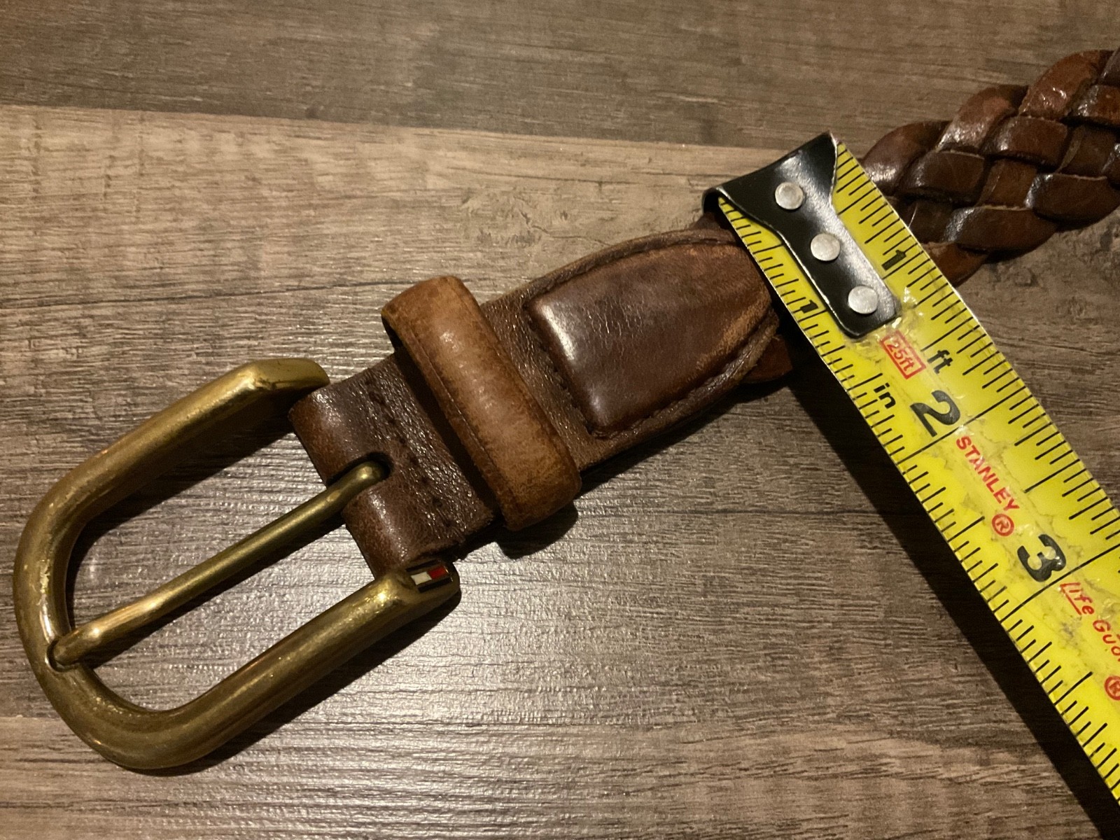 VTG TOMMY HILFIGER PREPPY LEATHER BRAIDED SOLID BRASS BELT ( MENS 42 ) BROWN