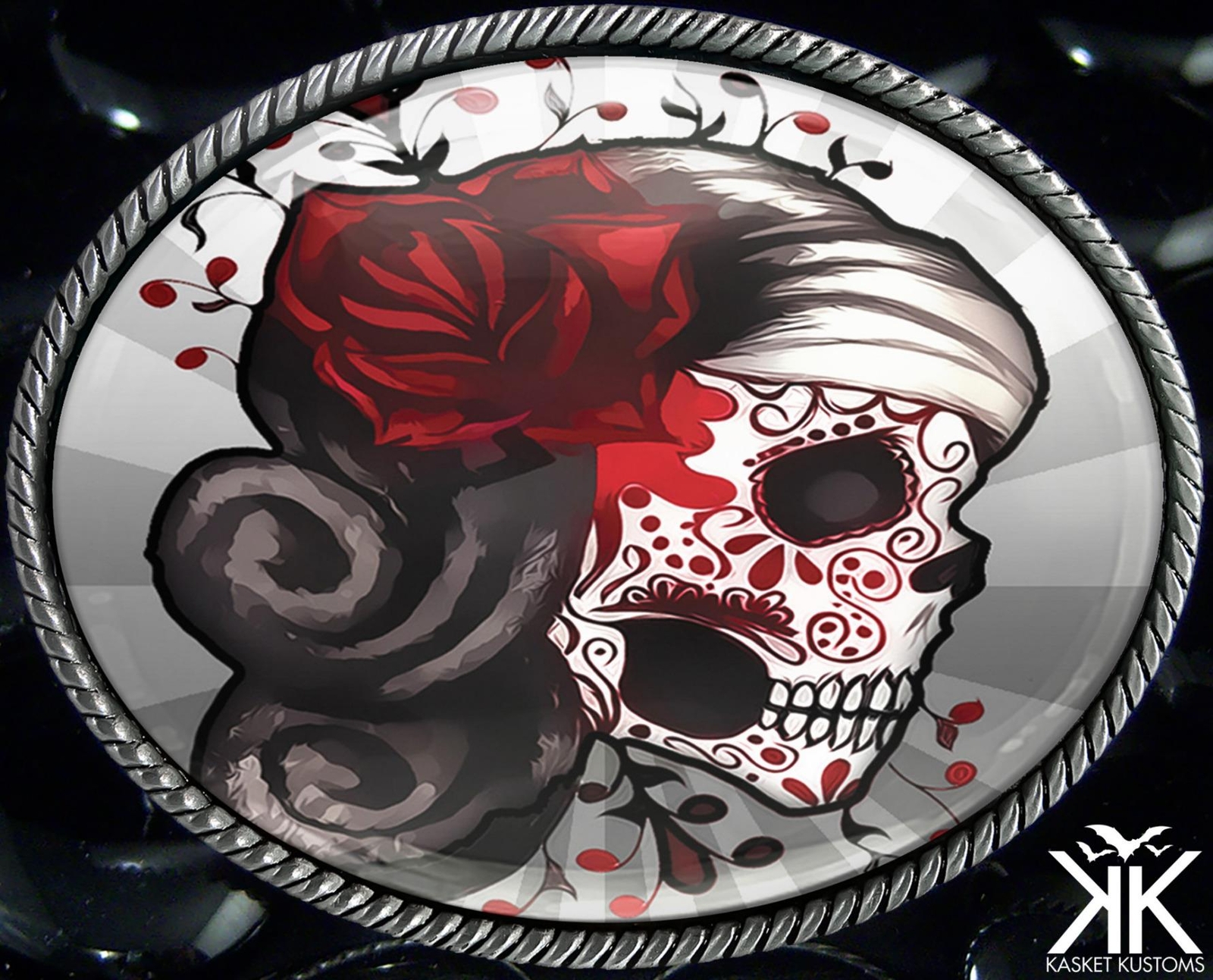 Sugar Skull Tattoo Belt Buckle – Day of the Dead Silver Oval Buckle – 73-2-SO