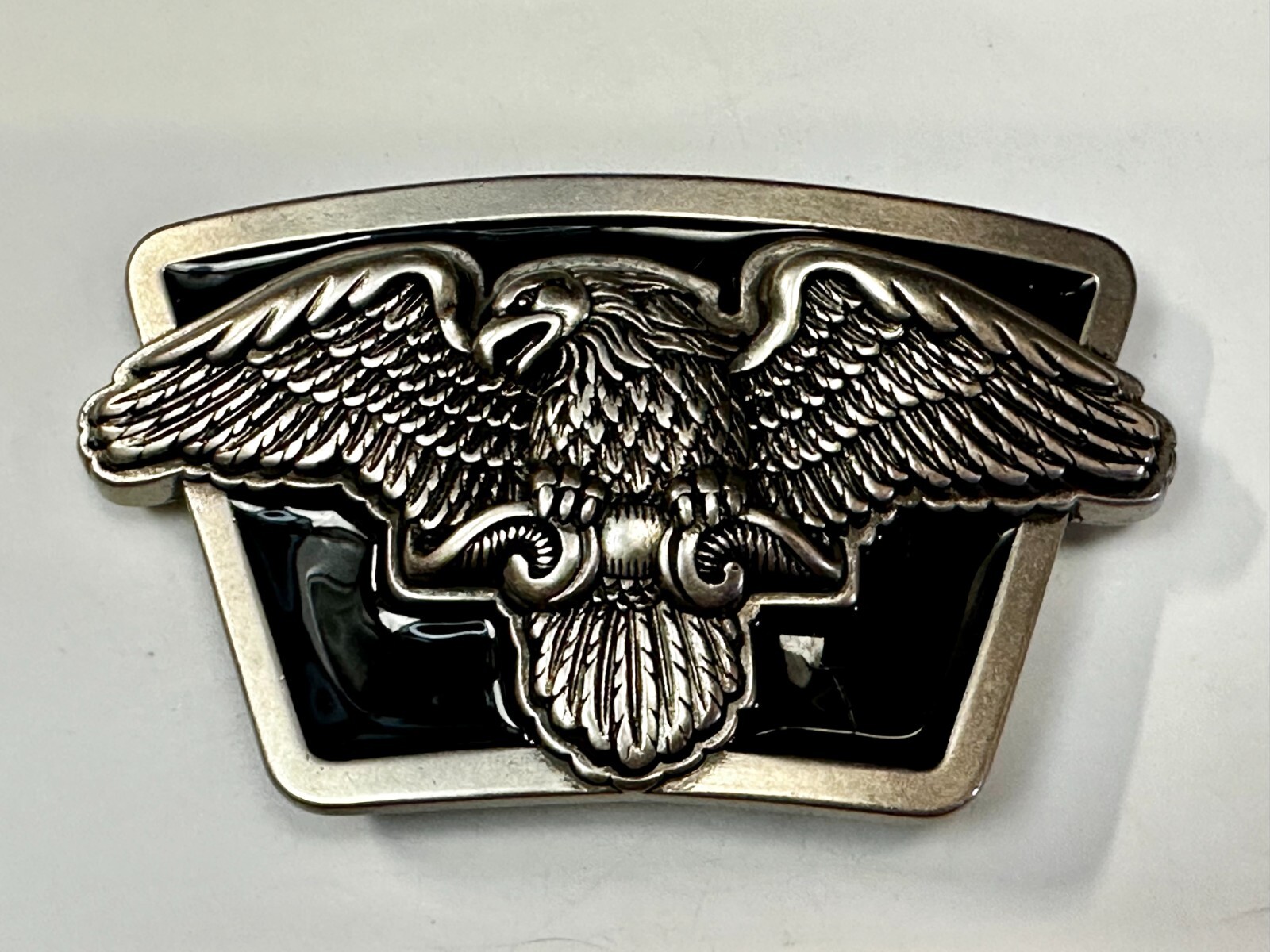 American Flying Bald Eagle Spreading Wings Silver Tone Black Enamel Belt Buckle