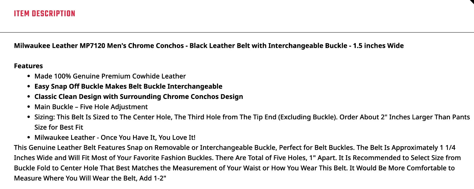 Milwaukee Leather 7120 Mens Chrome Conchos Leather Belt w/Interchangeable Buckle