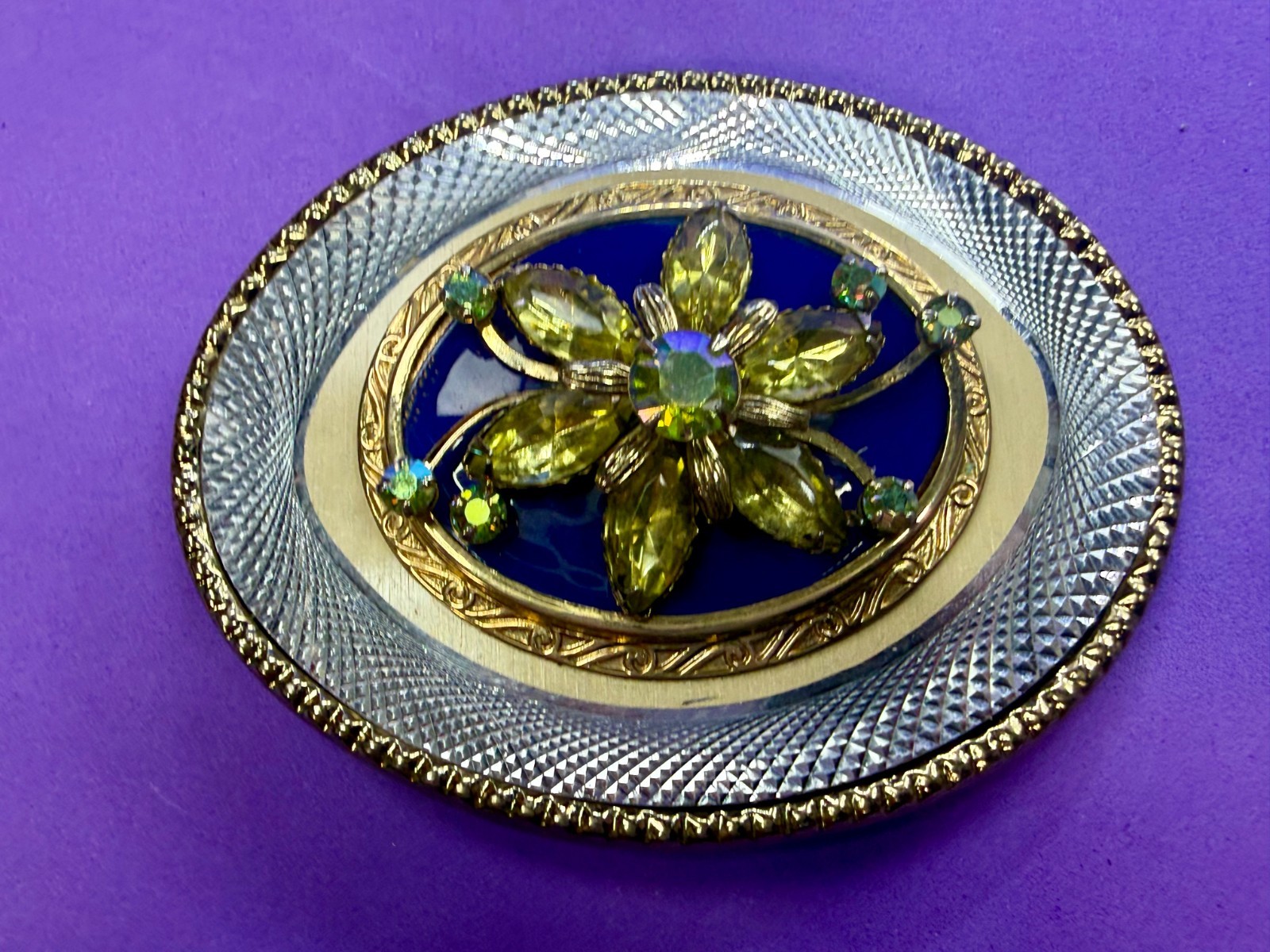 Flower Rhinestone Accented Floral Theme Etched Artisan Ladies Belt Buckle W USA