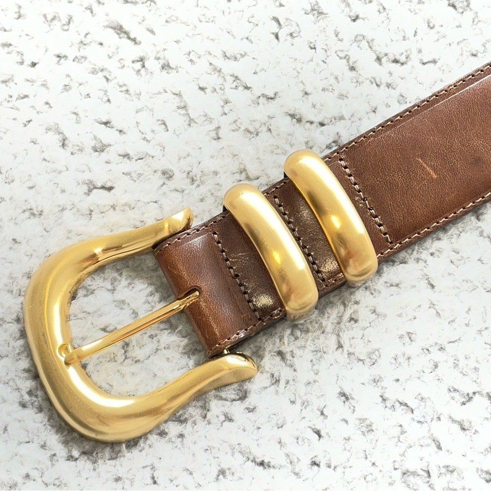 VTG Brighton Leather Belt Size M Brown Gold Buckle USA Made Chunky Double Keeper