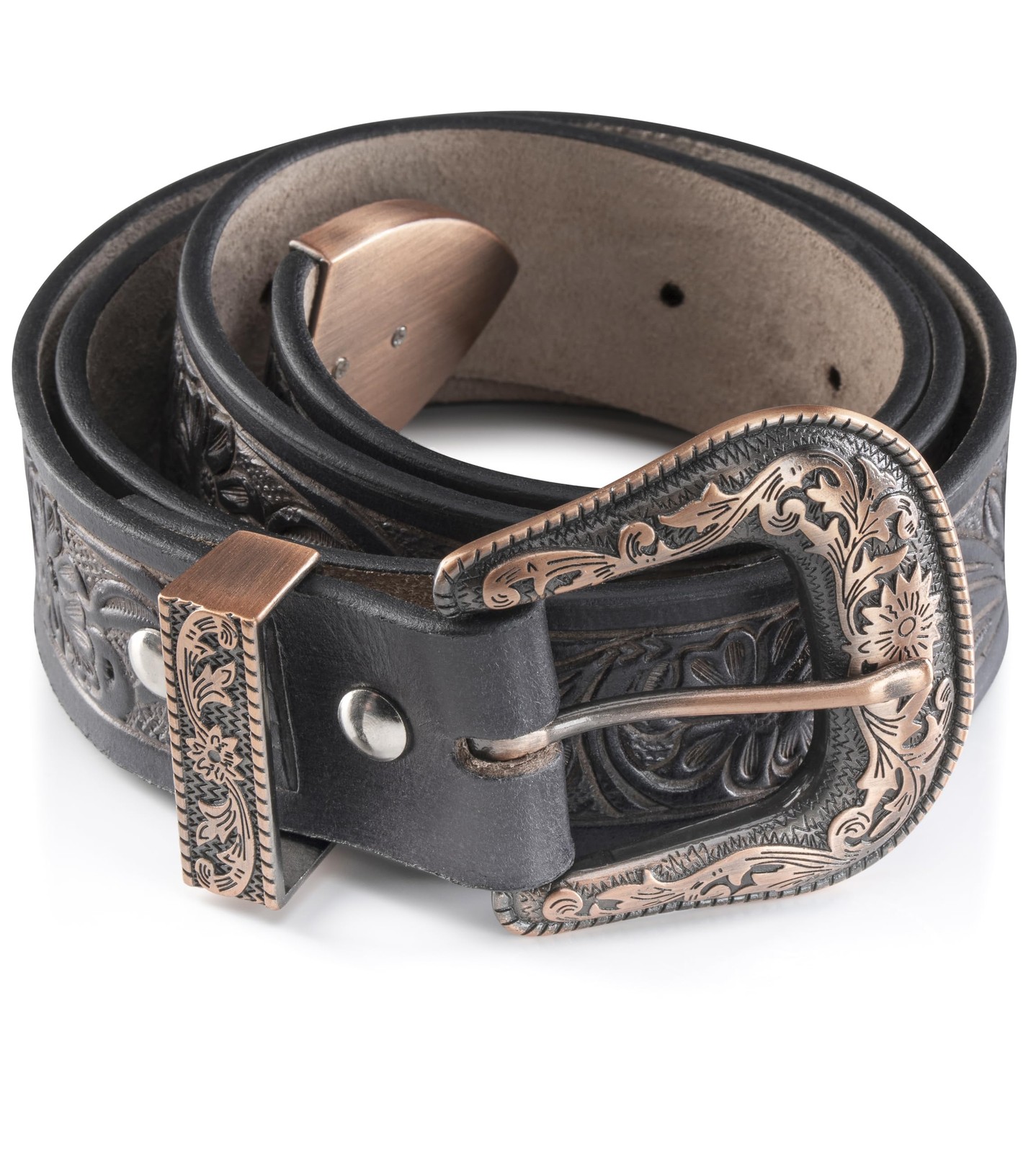 Angus Stoke western belt – Genuine buffalo 34&Prime;-36&Prime;, Black/Buckle Rose-gold