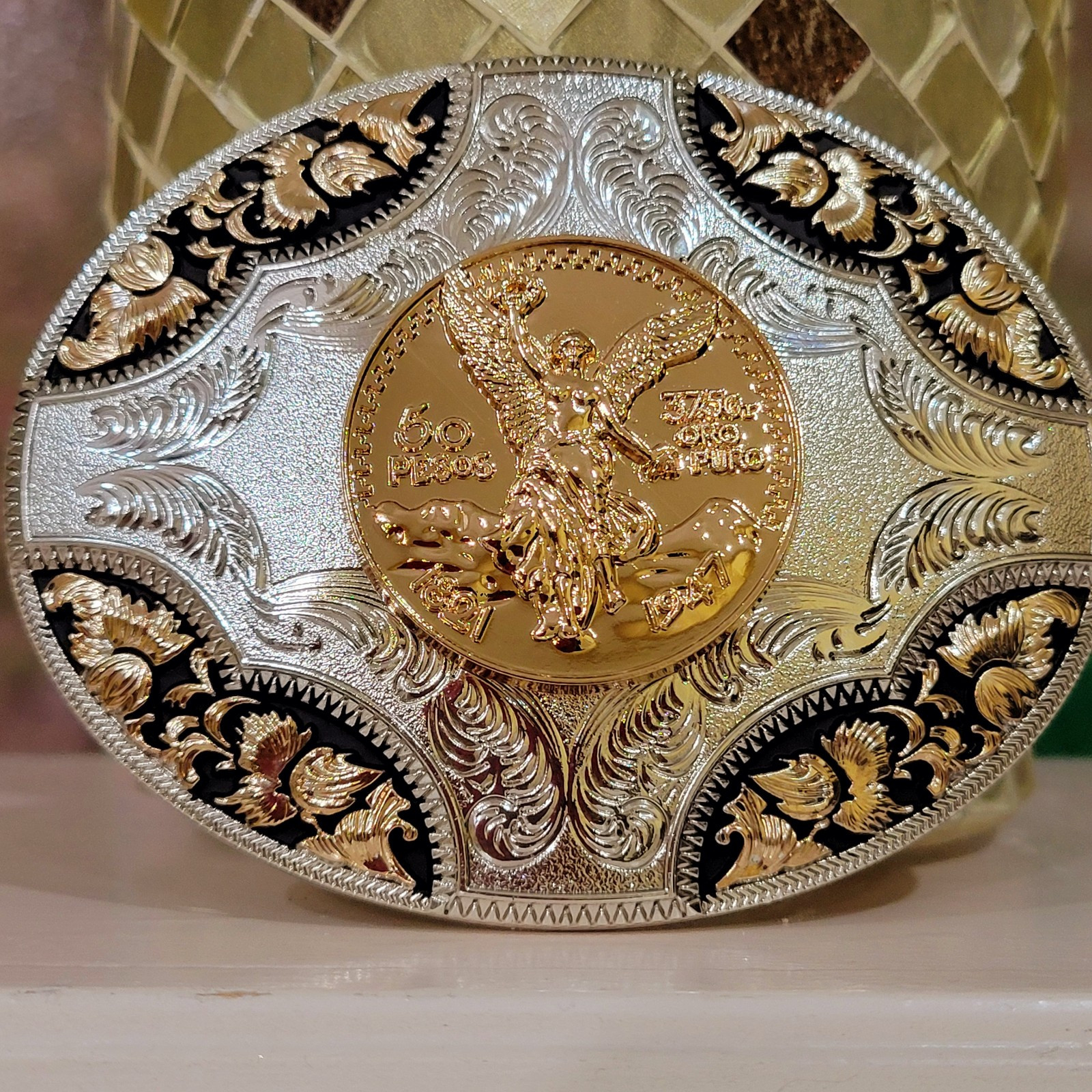 Centenario Cowboy Belt Buckle Western Hebilla Rodeo Silver Rosetone Coin Oval