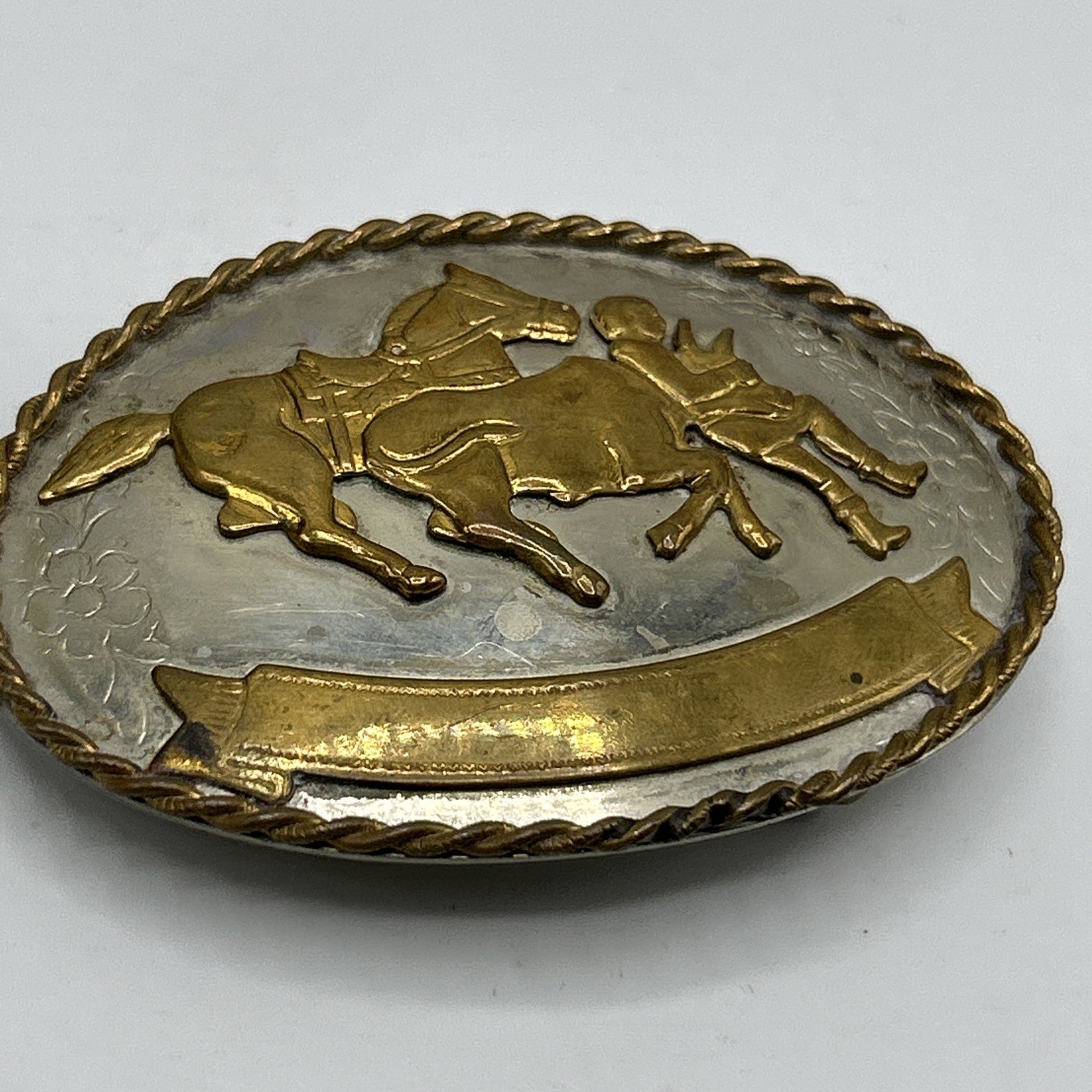 Vtg Western Cowboy Roping Bull Rider Rodeo German Silver Belt Buckle Two Tone