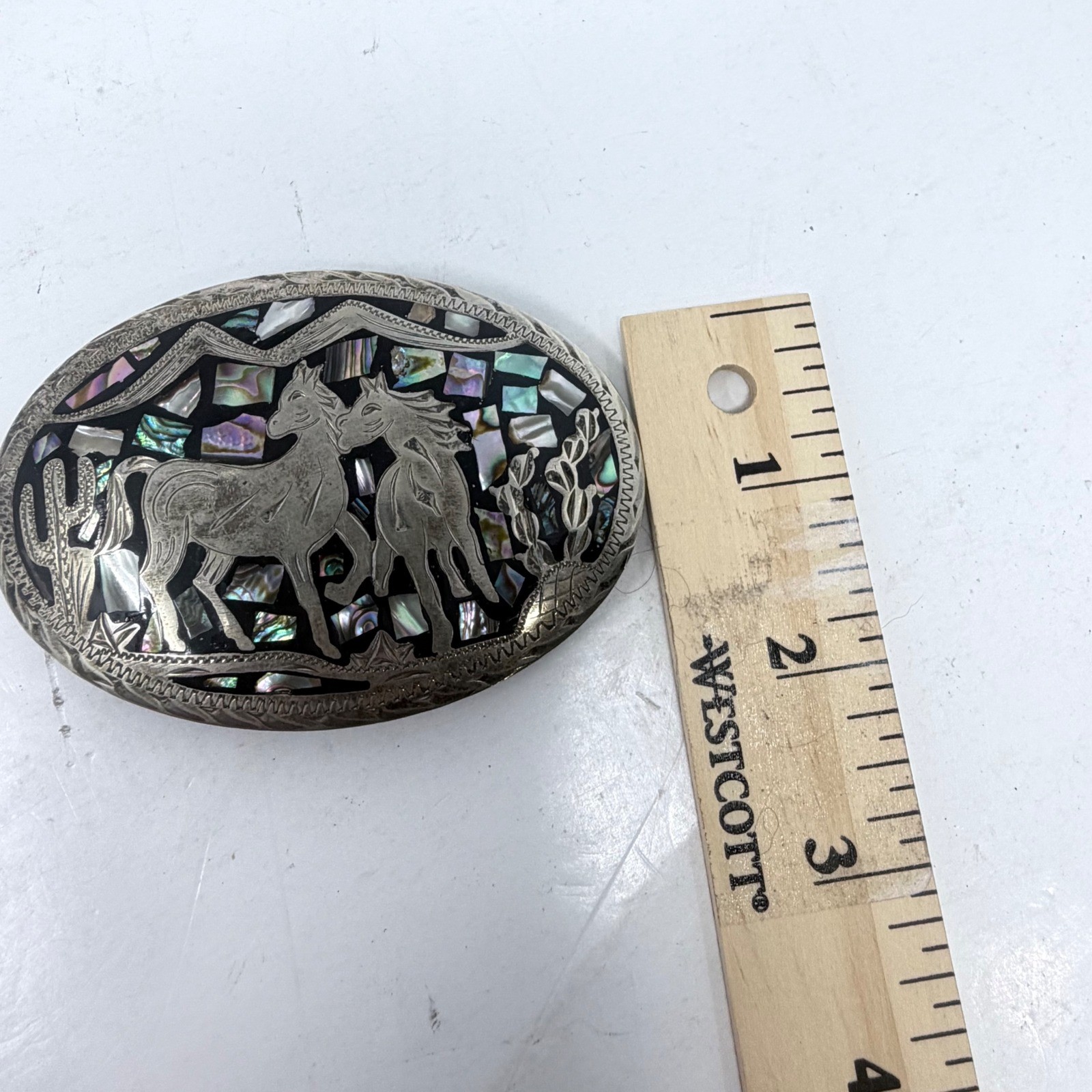 Vintage Mexico Alpaca Silver Horse Belt Buckle Abalone Shell Mosaic Inlay 3.25&Prime;