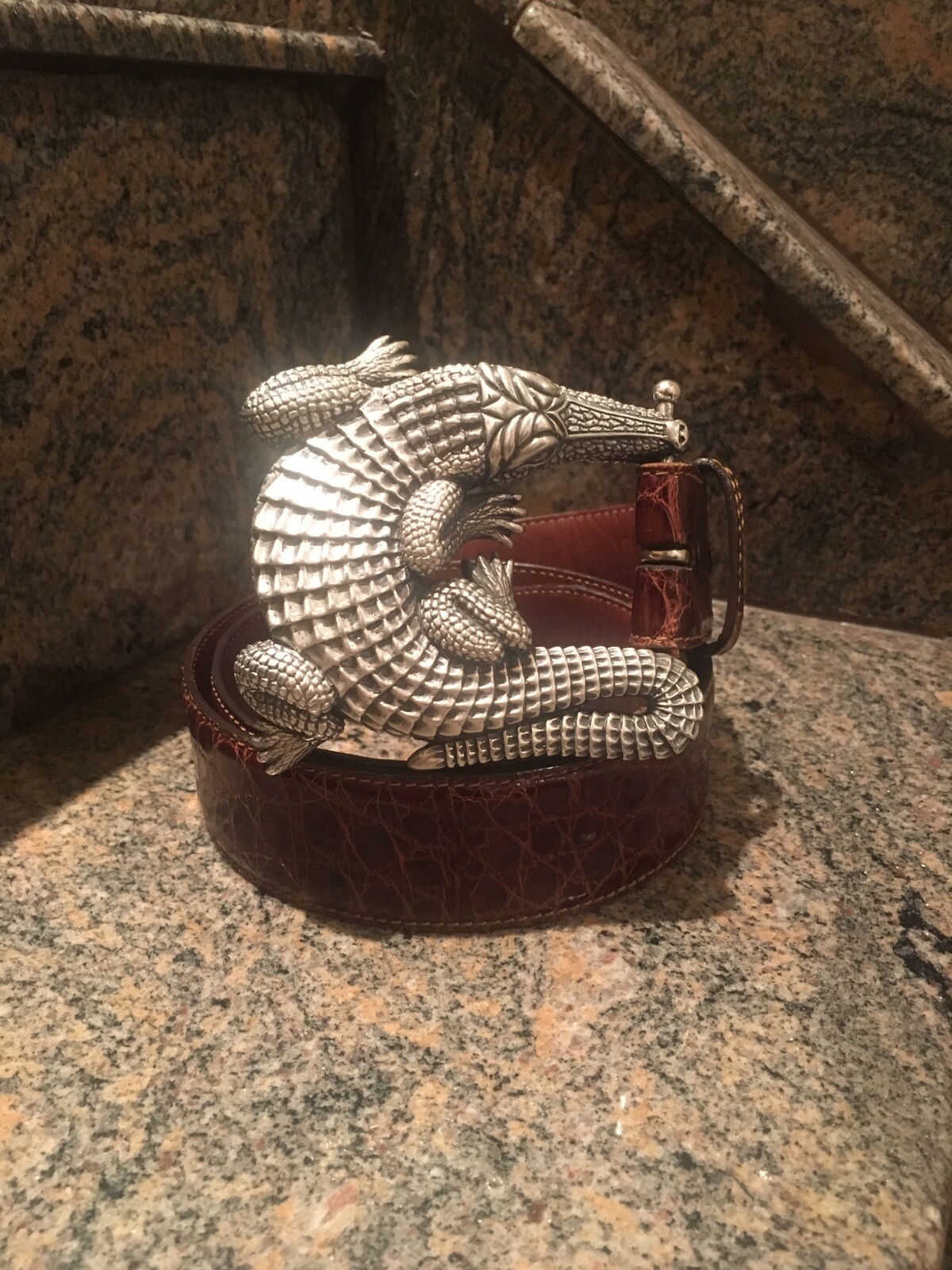 Huge Kieselstein-Cord Sterling Alligator Buckle With Brown Alligator Belt Size 2