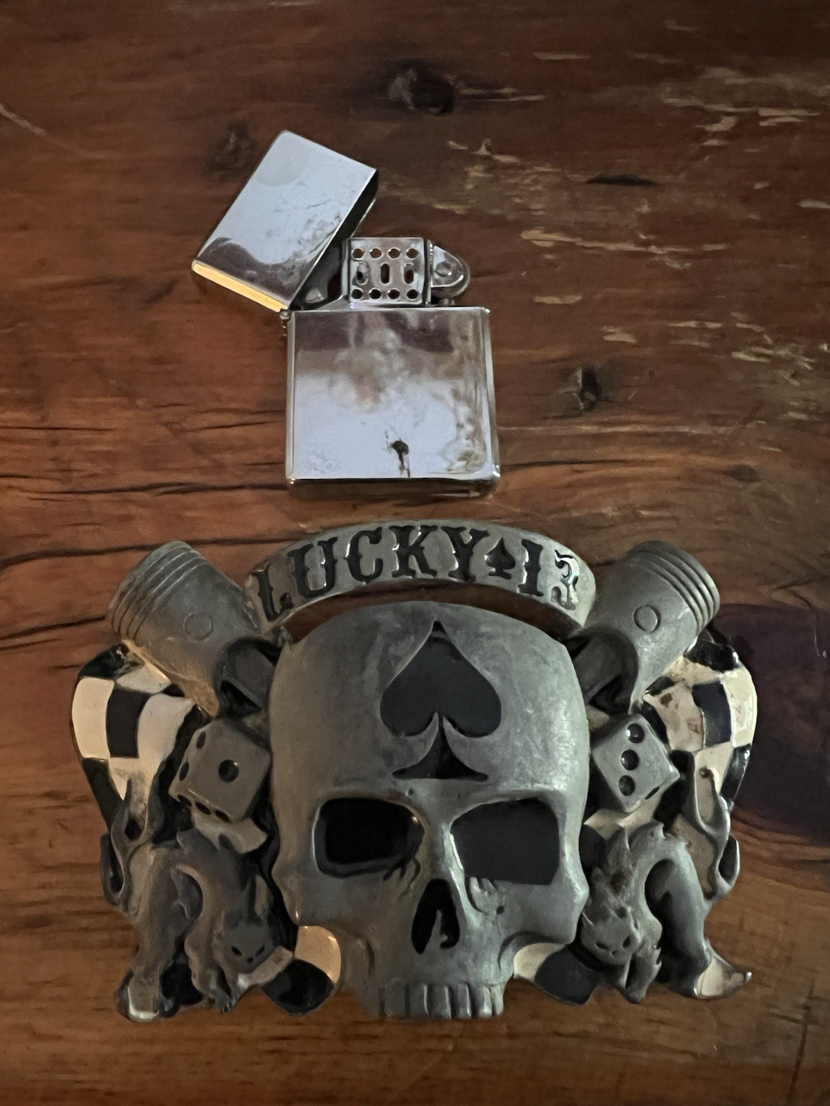 Lucky 13 Apparel Skull Zippo Lighter Holder Belt Buckle 2003 W/ A Lighter BOLD