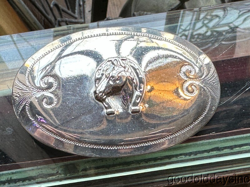 Vintage Chrome Silver Horse with Horseshoe Belt Buckle