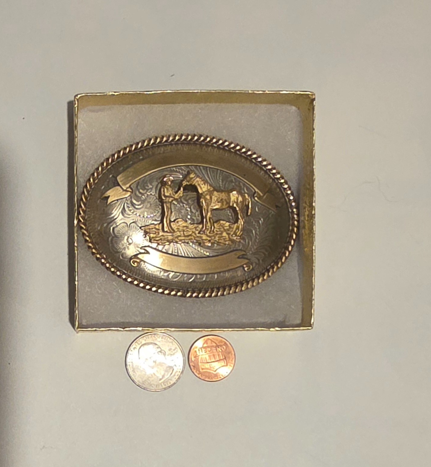 Vintage Metal Belt Buckle, Nice Brass and Silver, Cowboy Talking to His Horse