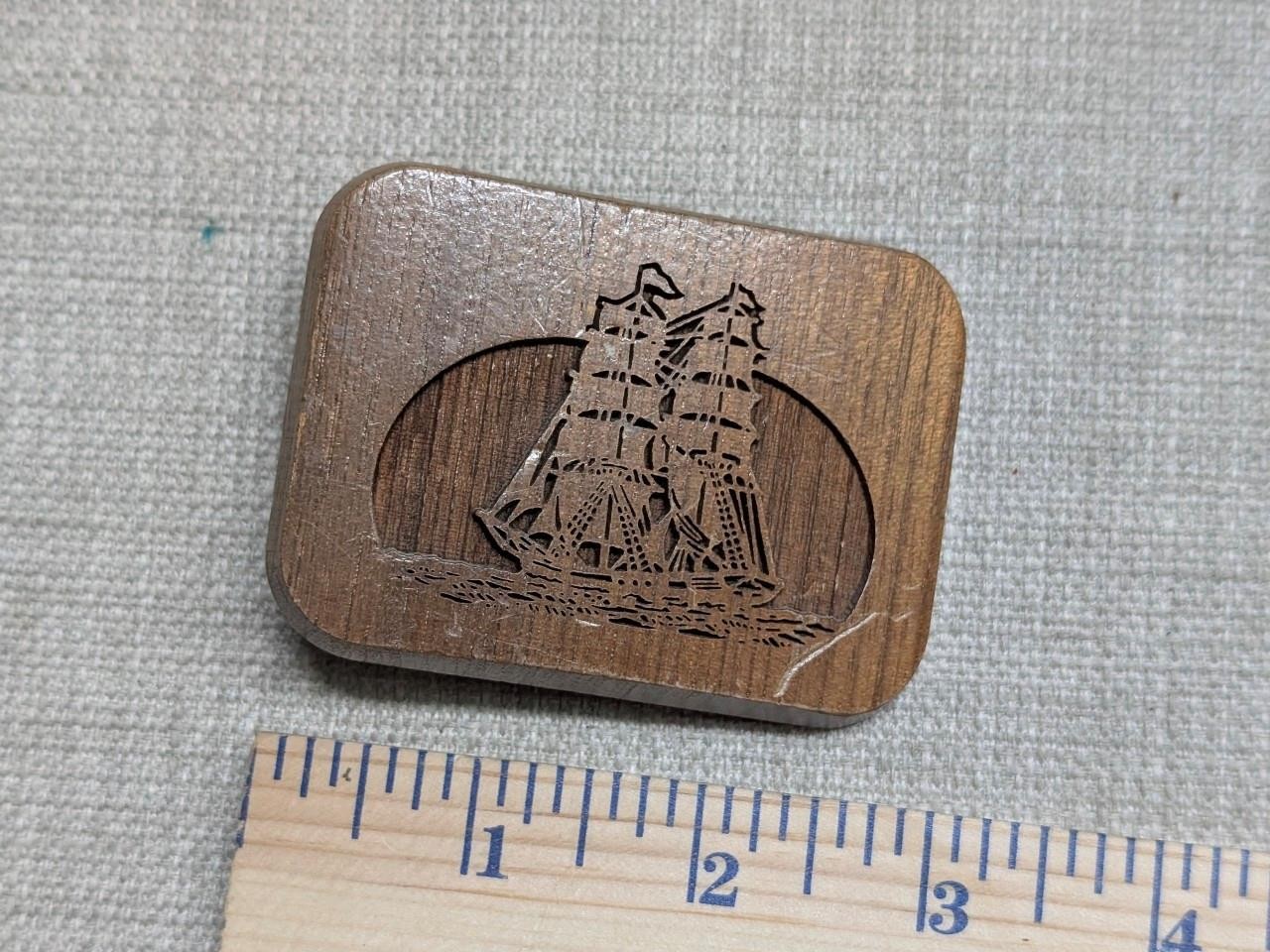 vintage 1970s belt buckle WOODEN engraved SAILBOAT western LASERCRAFT tall ship