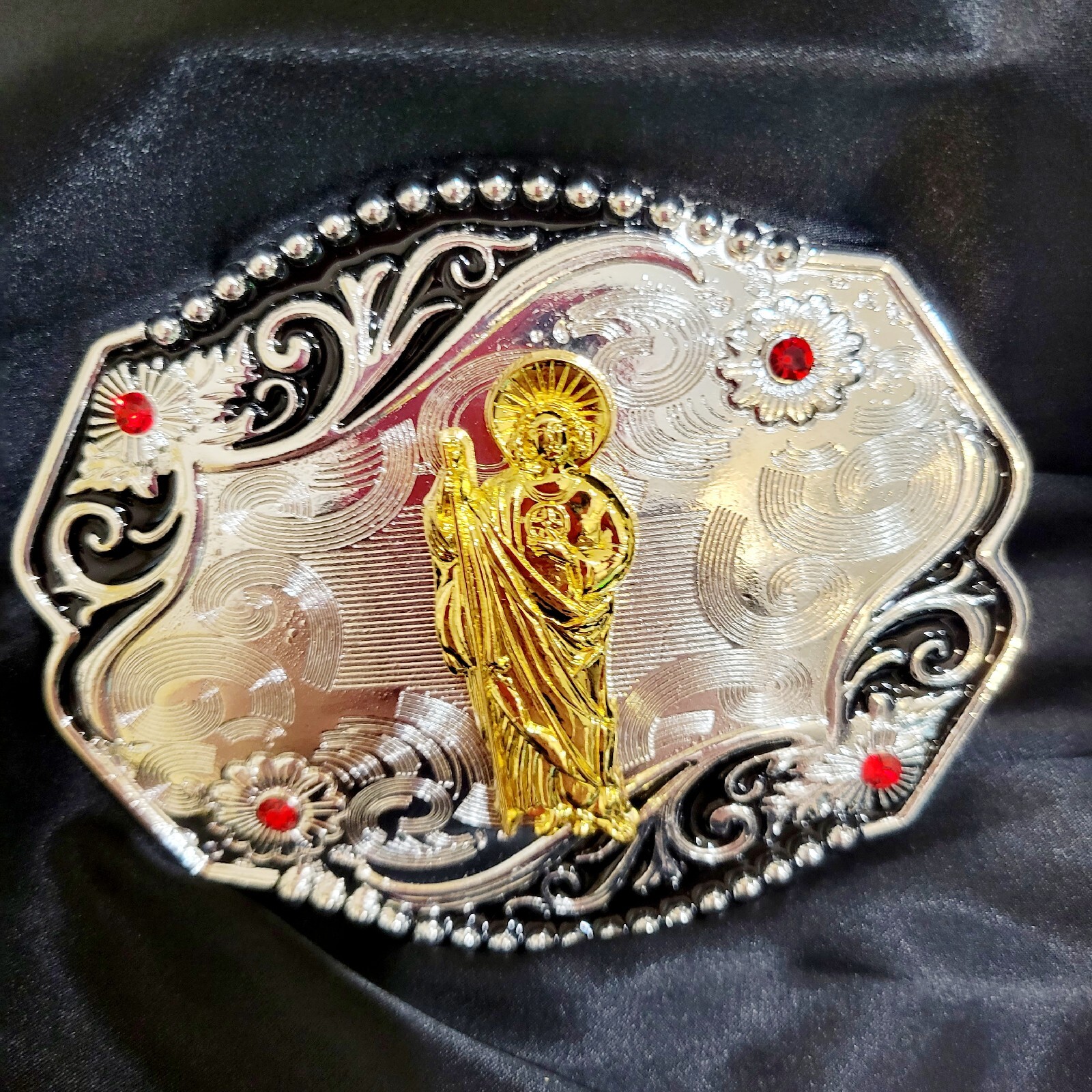 Saint jude San Judas Western belt Buckle Gold Silver Heavy gold silver Red Stone