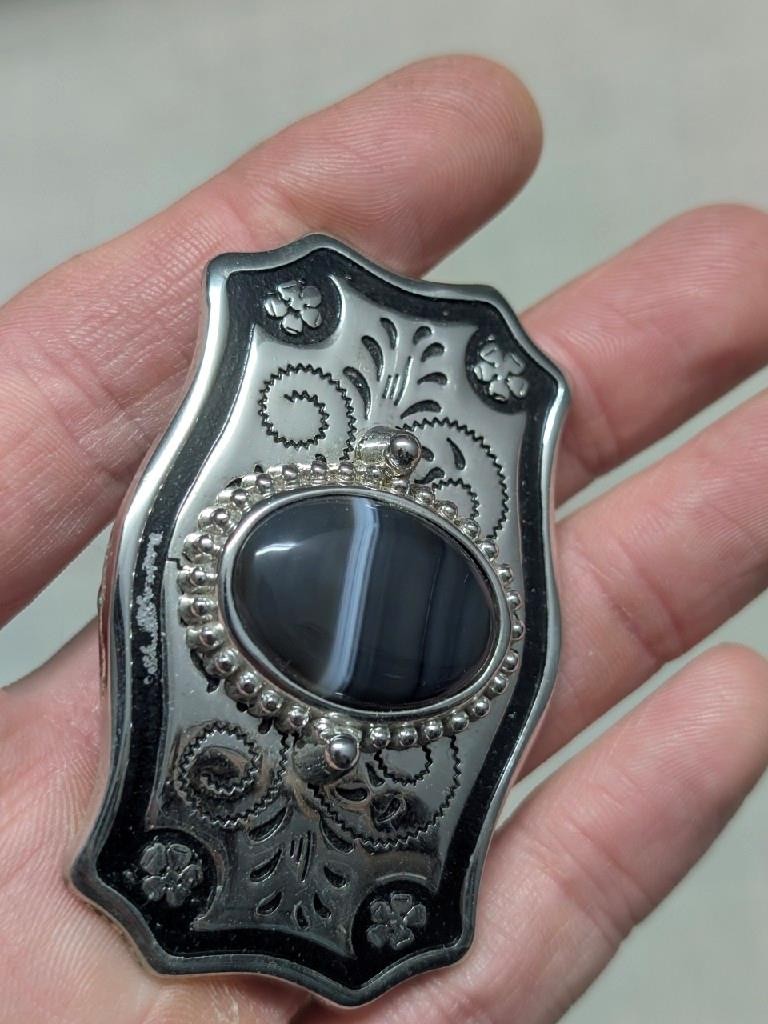 vintage USA made AGATE rock inlay WESTERN belt buckle ENGRAVED gemstone