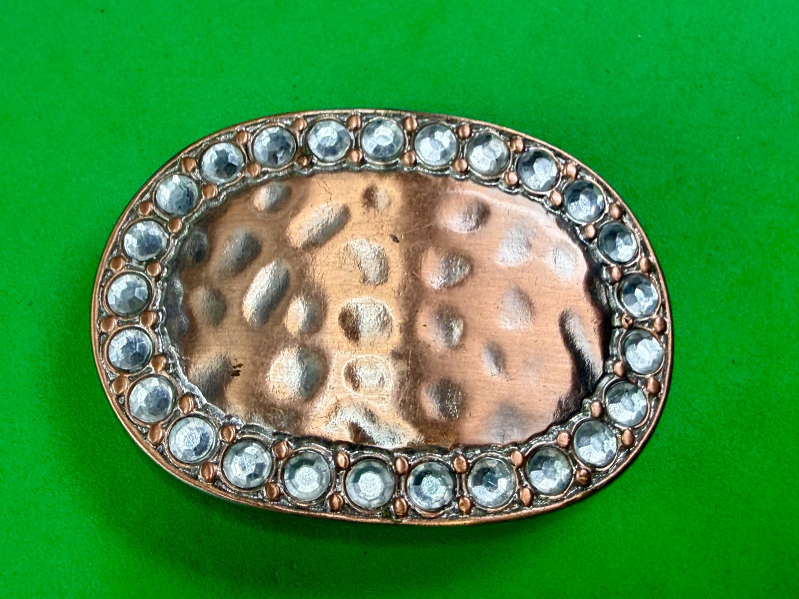 Textured Hammered Metal with Clear Rhinestone Border Modernist Belt Buckle