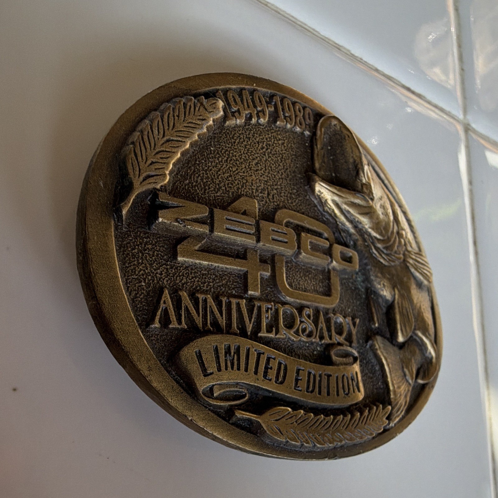 Zebco 40th Anniversary Limited Edition Oval Fish Belt Buckle Gold 1.5in
