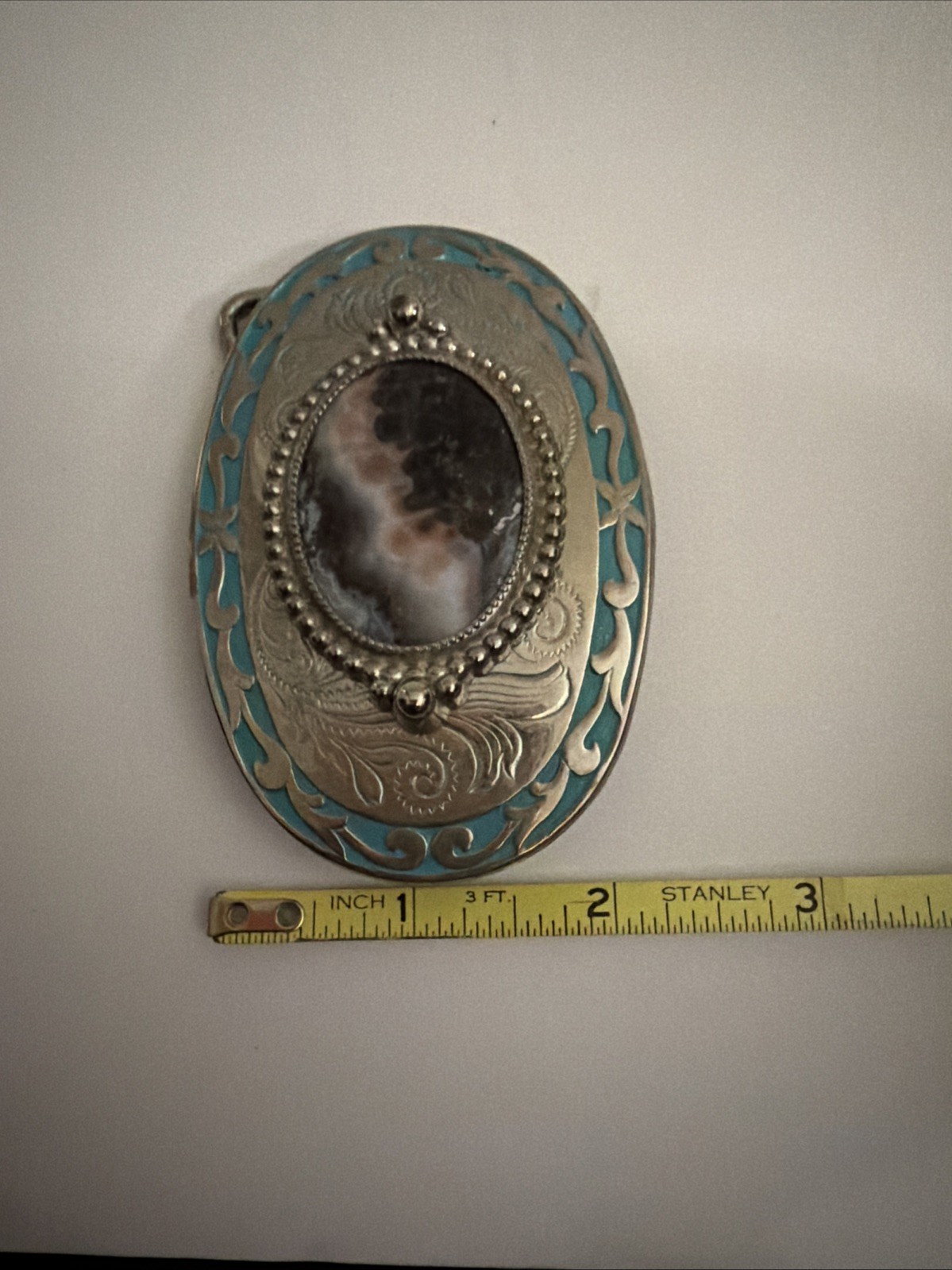 Southwestern Stone Belt Buckle Oval Floral Agate Western Silvertone