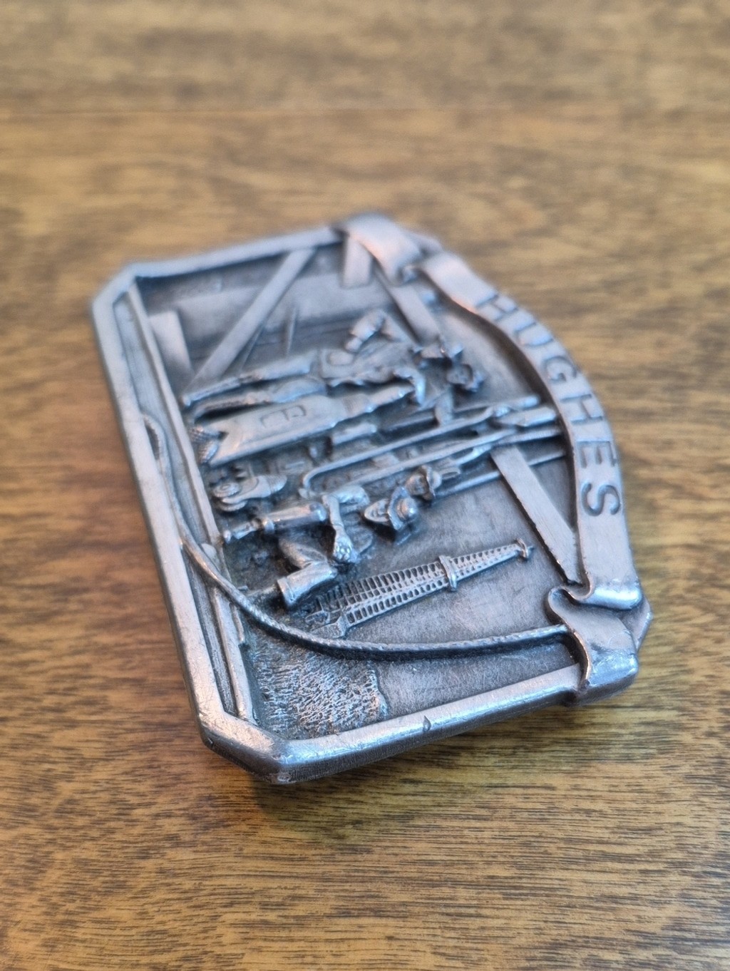 VINTAGE Pewter Hughes Oil Tool Division Belt Buckle Rock Bit Drilling Rig Detail