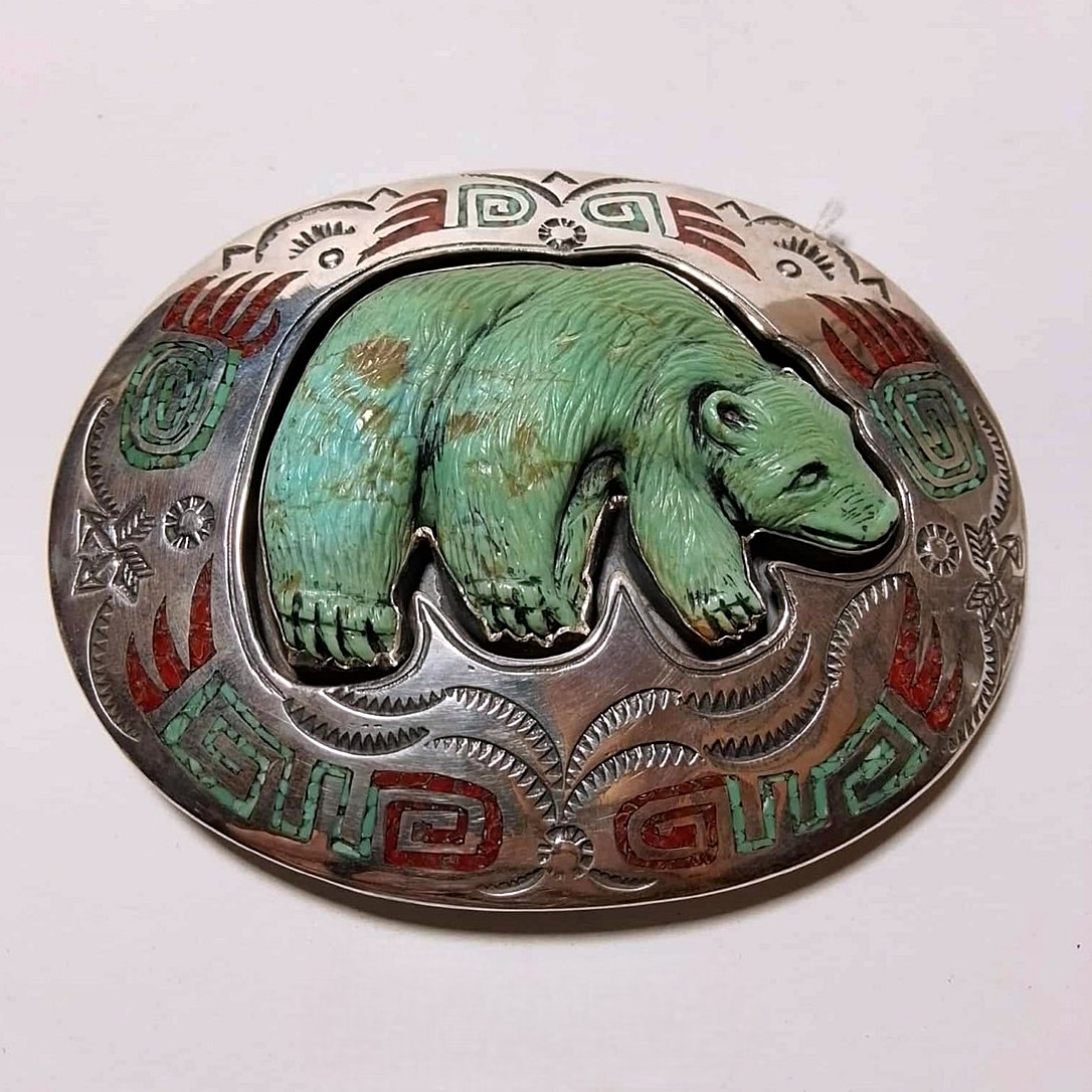 American Style Hand Carved Bear Turquoise Sterling Silver Belt Buckle – 1.5&Prime;